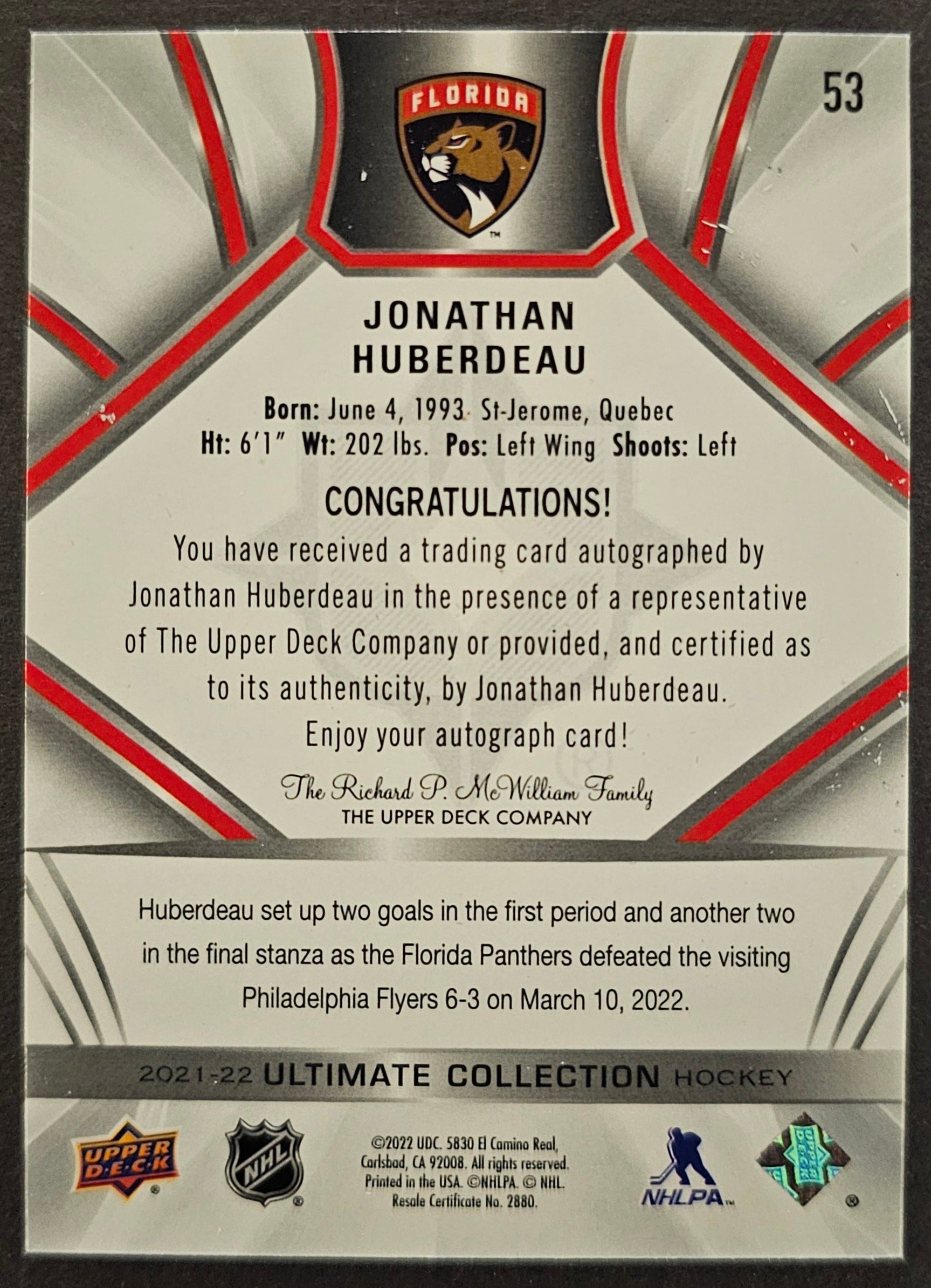 Jonathan Huberdeau Auto - -2021/22 Ultimate