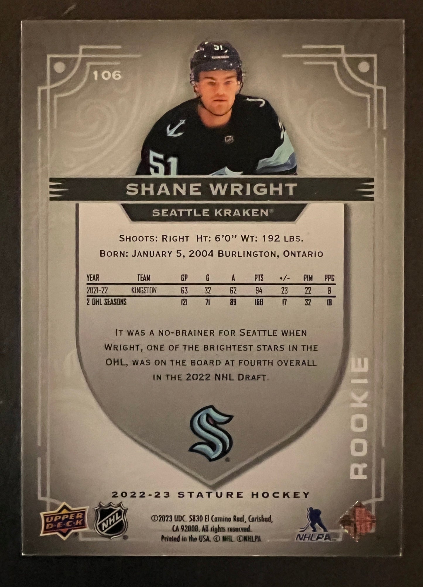 Shane Wright Stature Rookie /399 - 2022/23 Stature