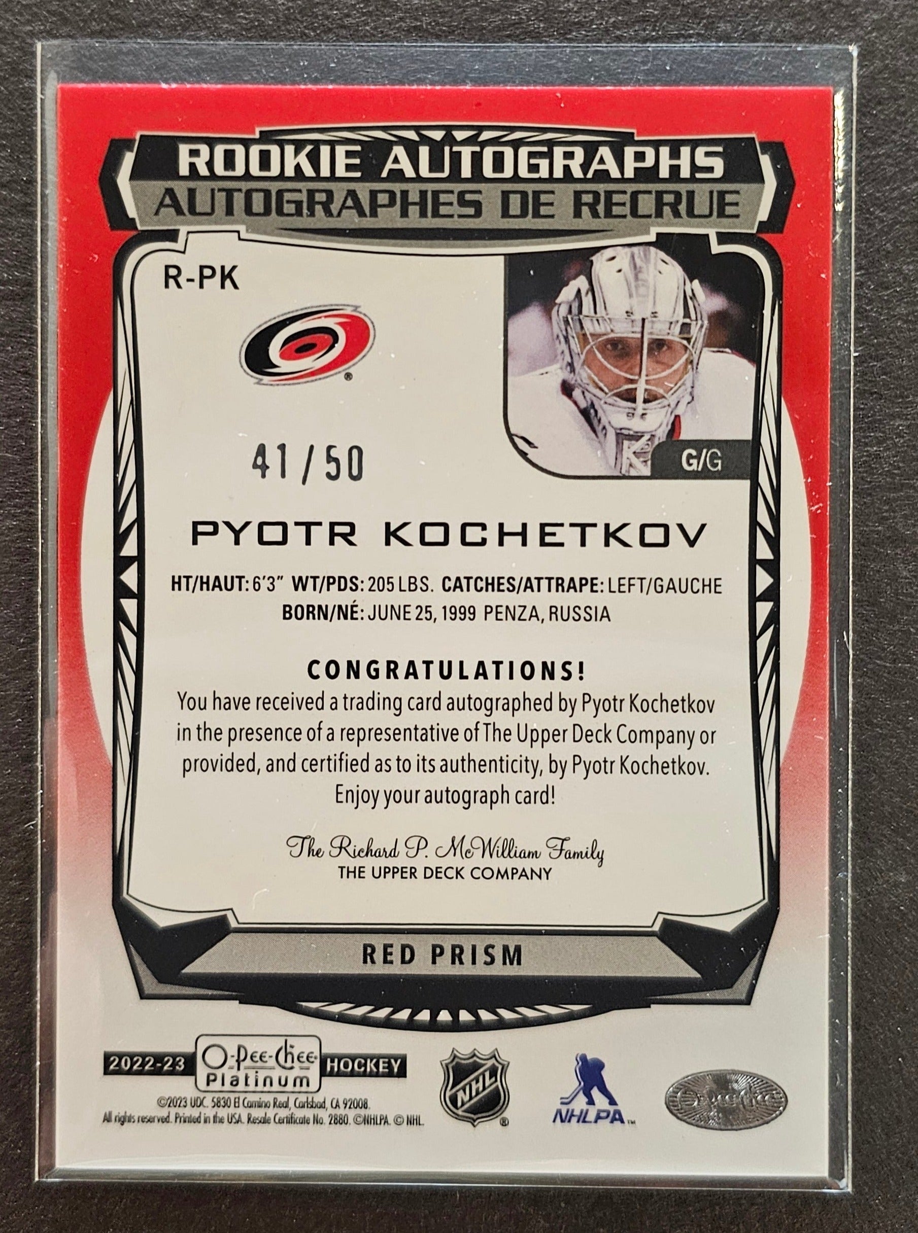 Pyotr Kochetkov Rookie Autographs Red Prism /50 - 2022/23 O-Pee-Chee Platinum