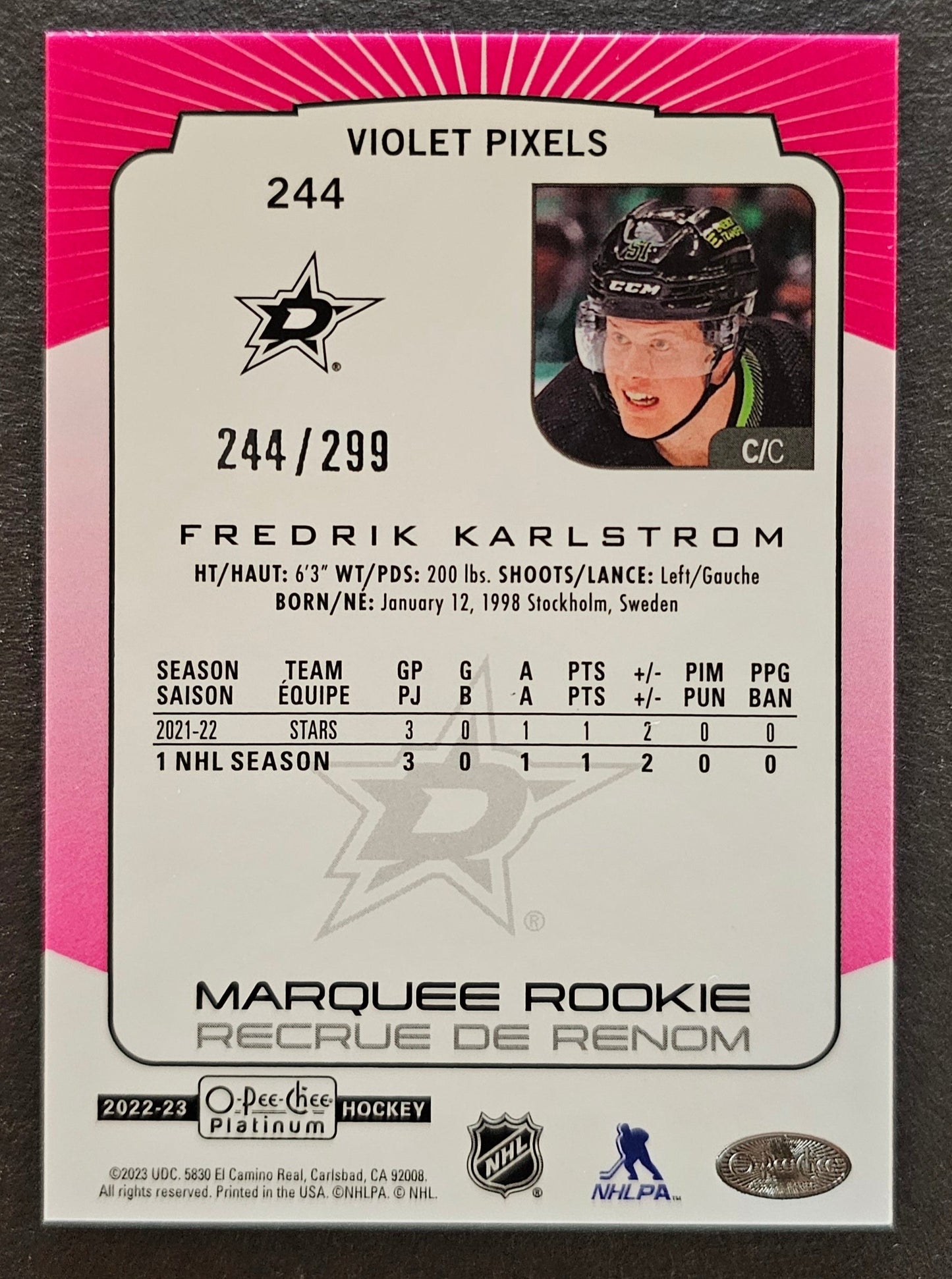 Fredrik Karlstrom Marquee Rookie Violet Pixels /299 - 2022/23 O-Pee-Chee Platinum