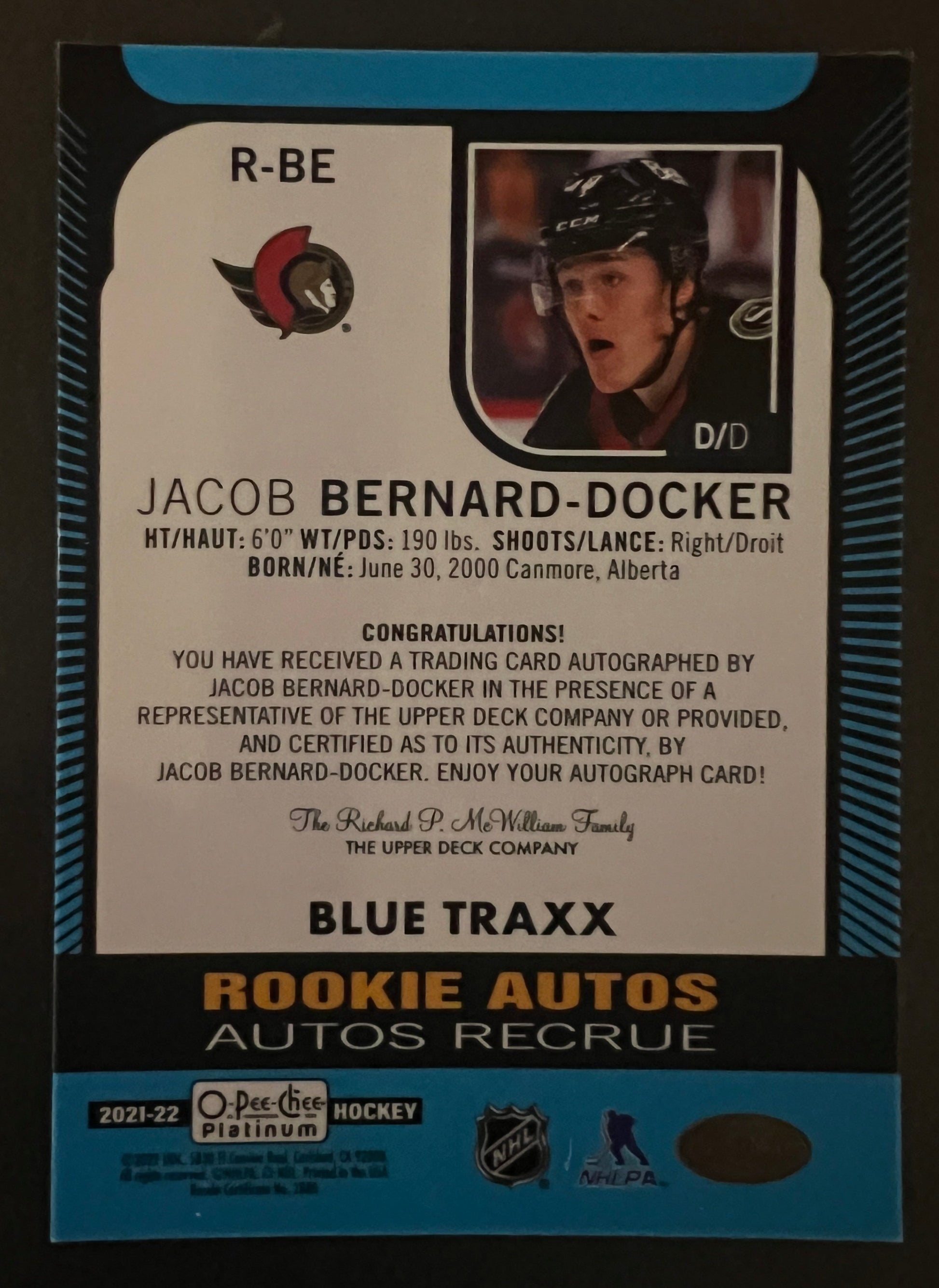 Jacob Bernard-Docker Rookie Autos Blue Traxx - 2021/22 O-Pee-Chee Platinum