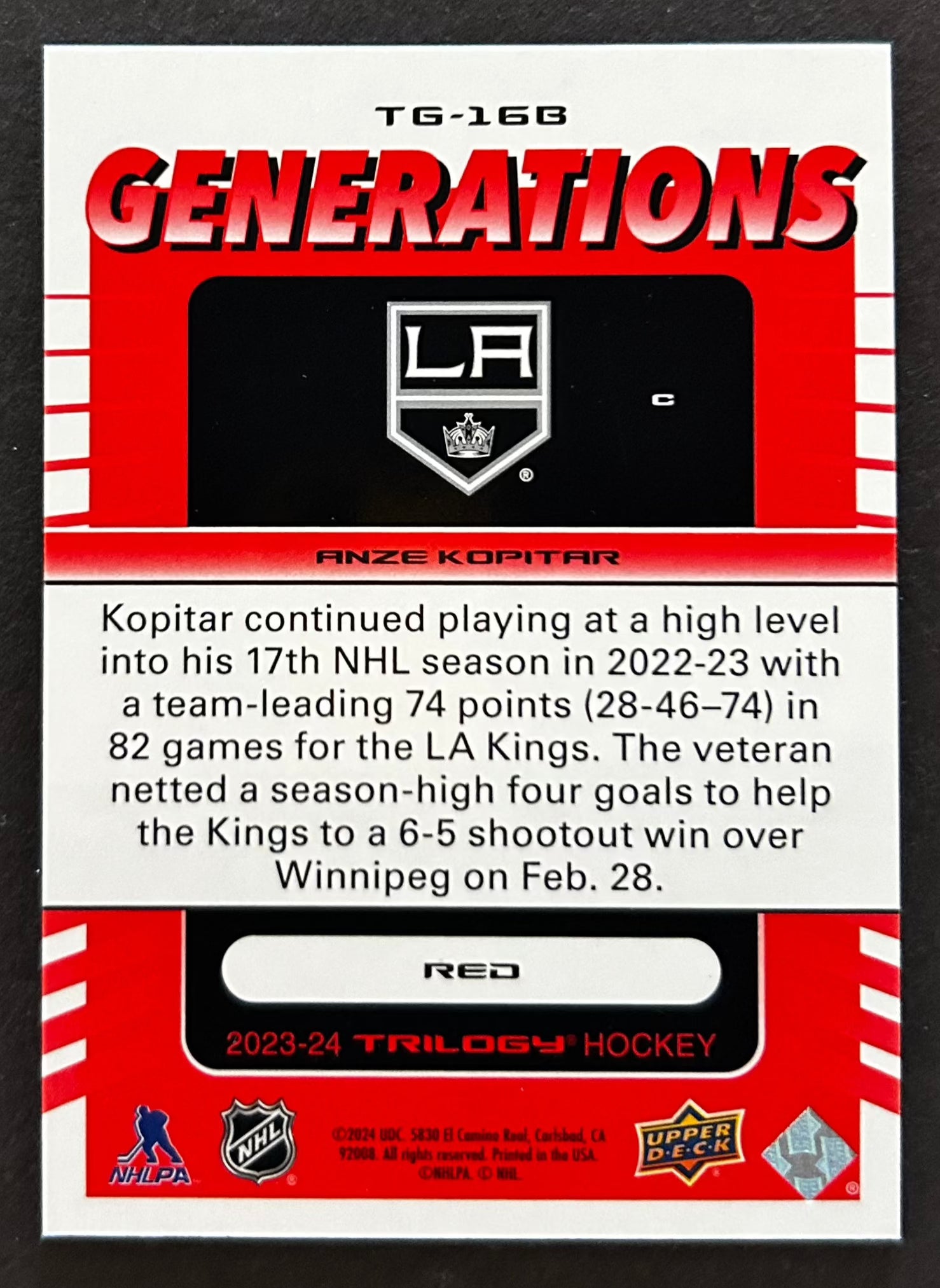 Anze Kopitar Generations Red /799 - 2023 Trilogy