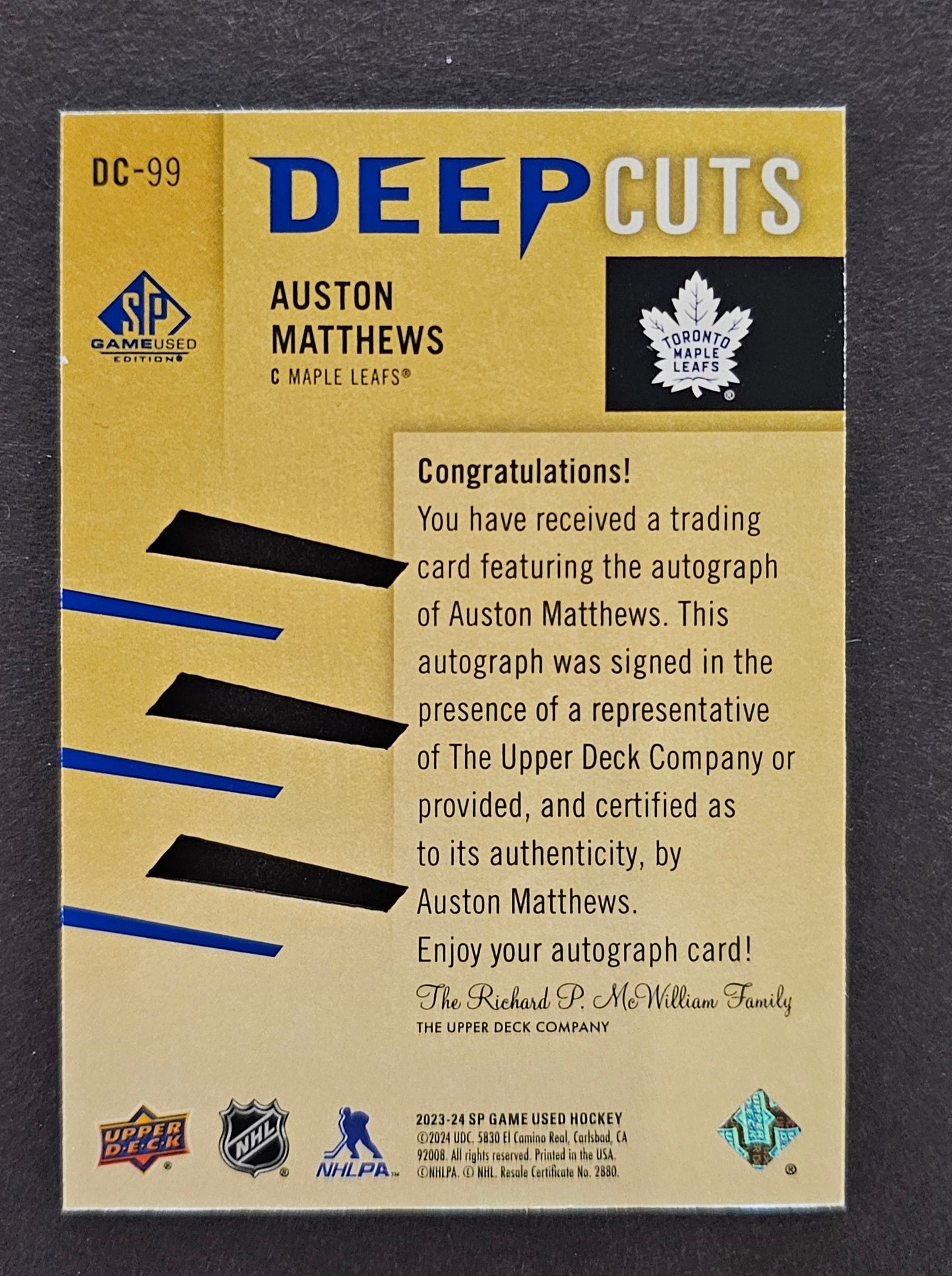 Auston Matthews Deep Cuts Auto /75 - 2023/24 SP Game Used