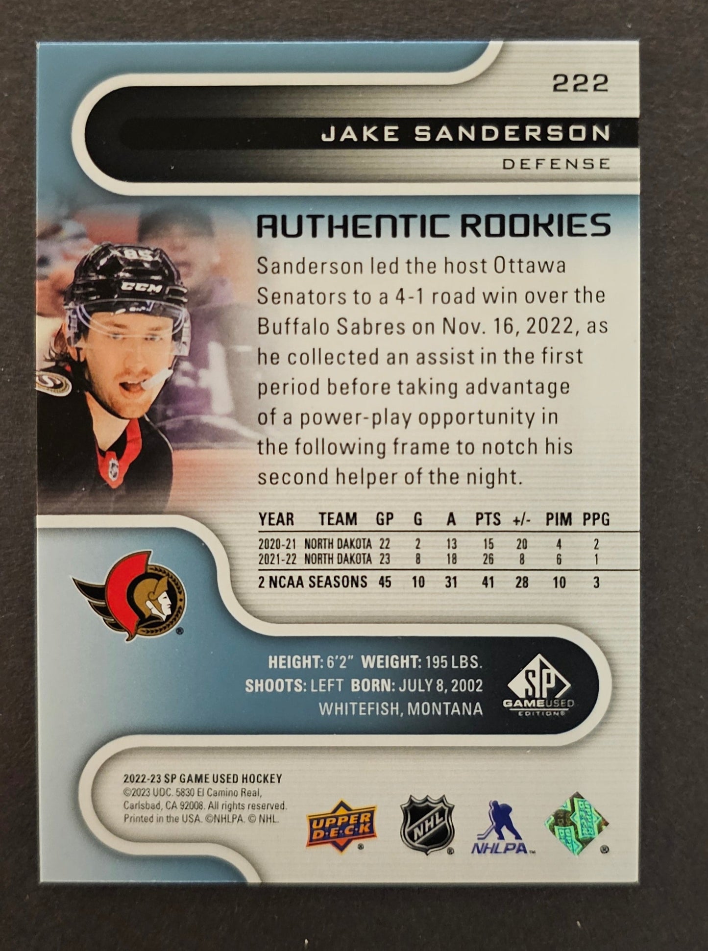 Jake Sanderson Authentic Rookies Gold /85 - 2022/23 SP Game Used