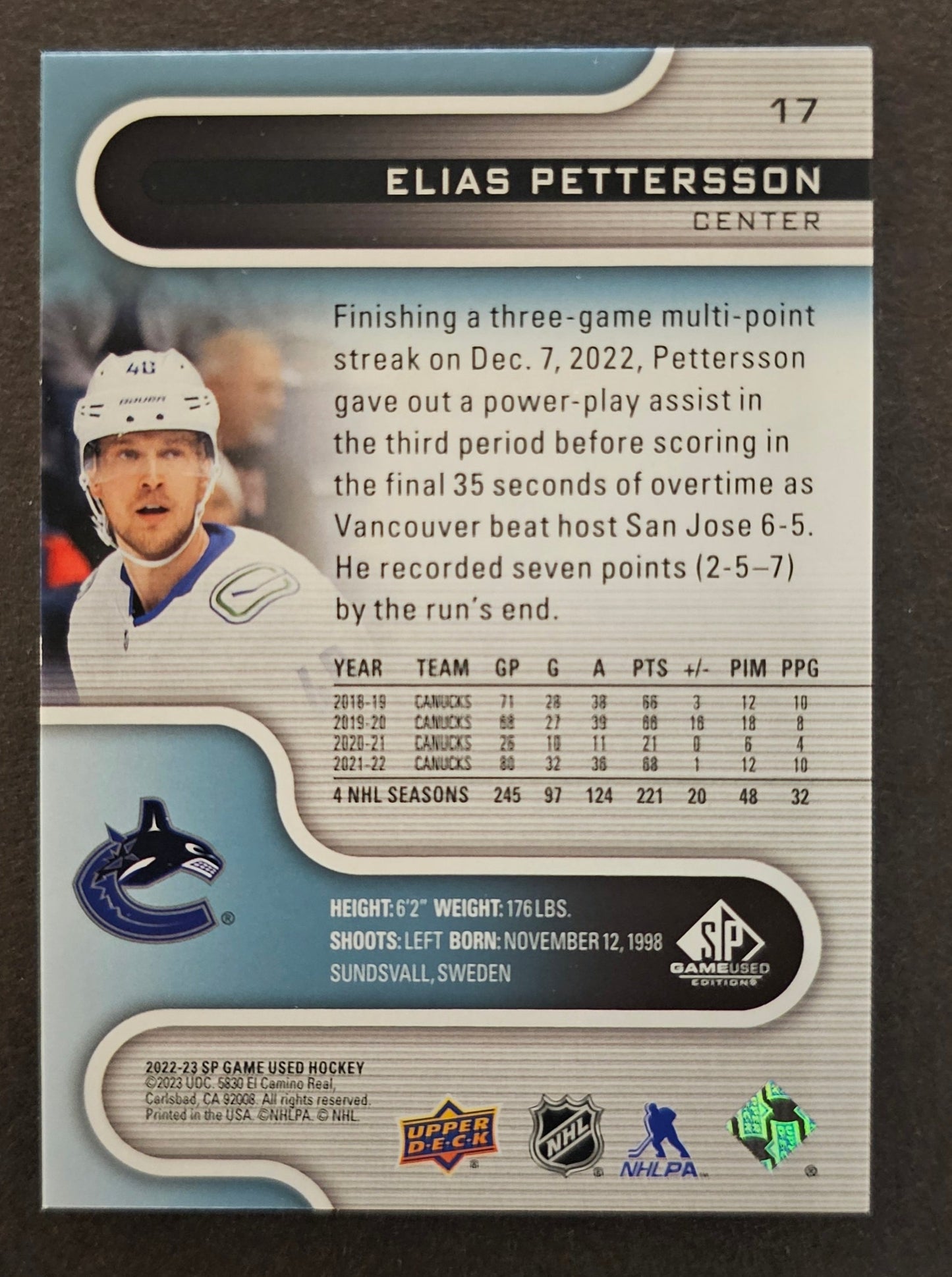 Elias Pettersson Gold /40 - 2022/23 SP Game Used