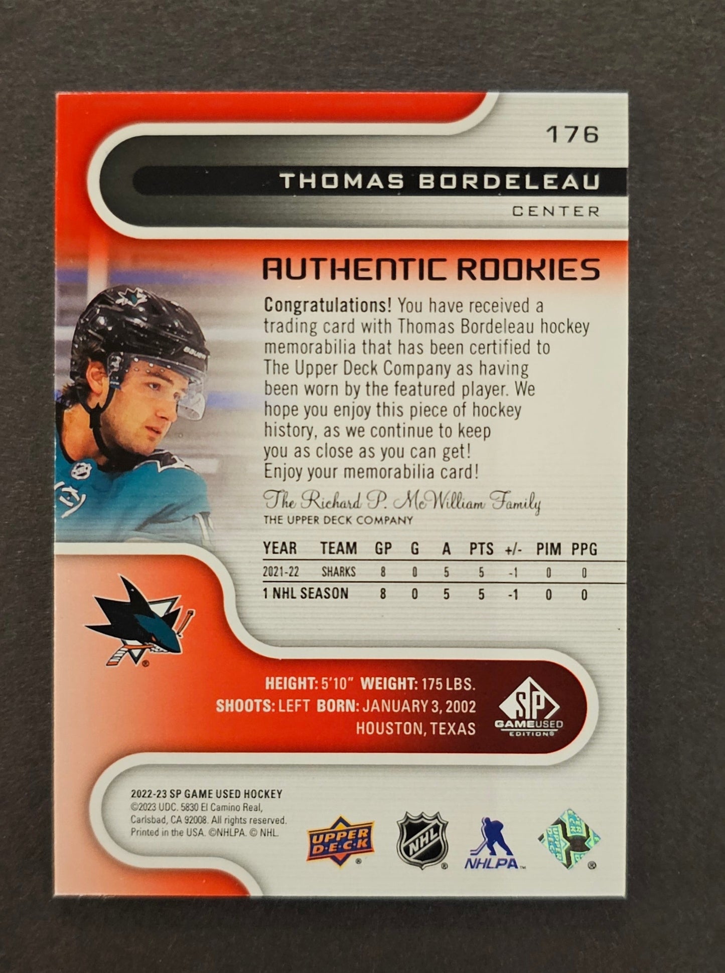 Thomas Bordeleau Authentic Rookies Jersey - 2022/23 SP Game Used