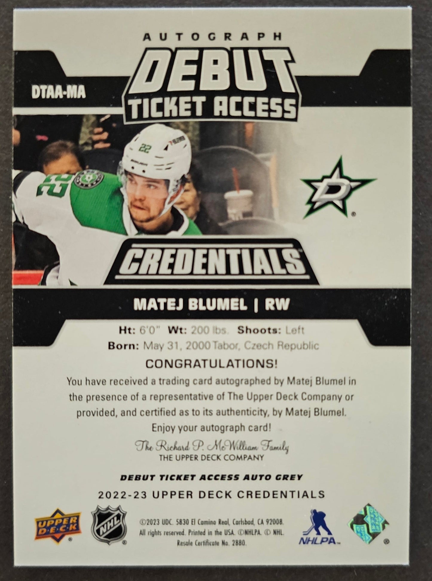 Matej Blumel Debut Ticket Access Autograph - 2022/23 Credentials