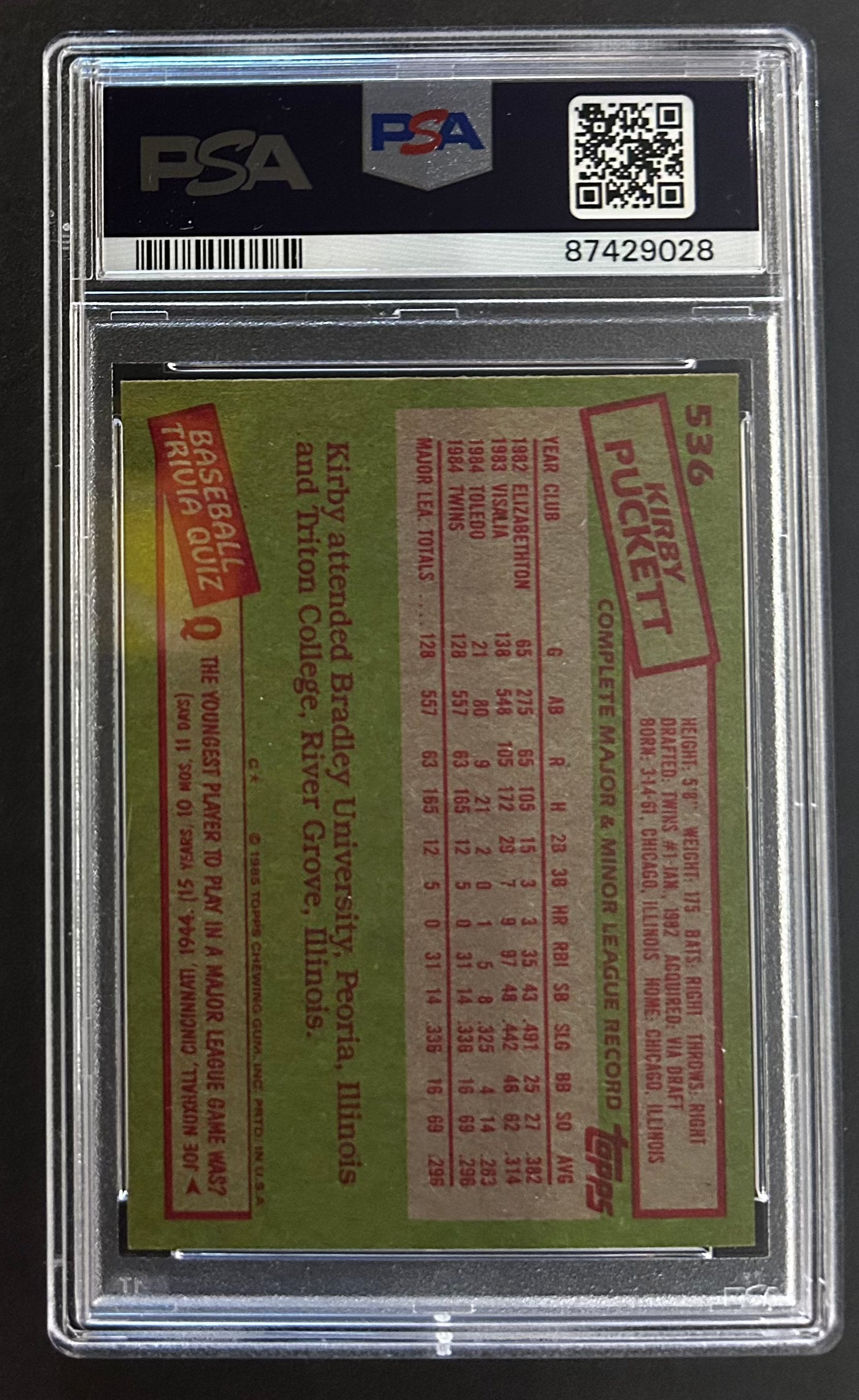 Kirby Puckett - PSA 9 - 1985 Topps