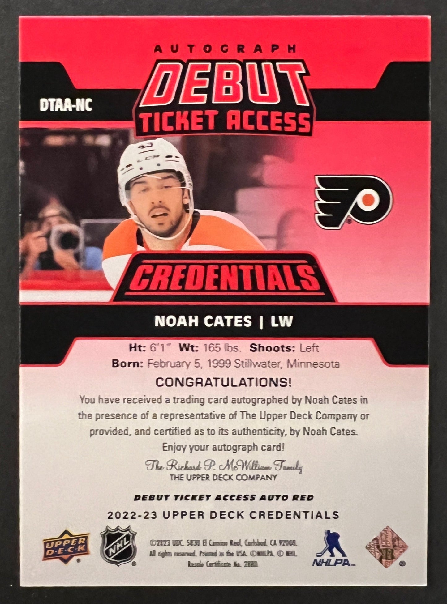 Noah Cates Auto Debut Ticket Access /99 - 2022/23 Credentials 