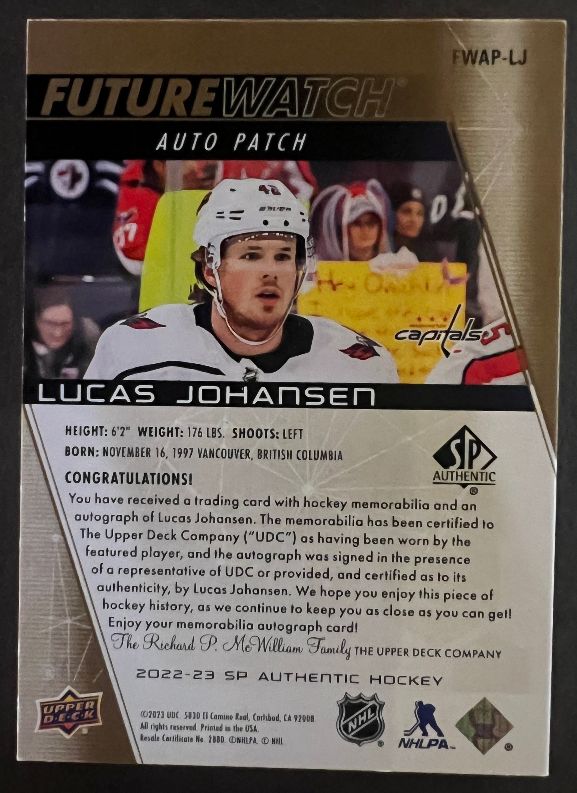 Lucas Johansen Future Watch Auto Patch /100 - 2022/23 SP Authentic