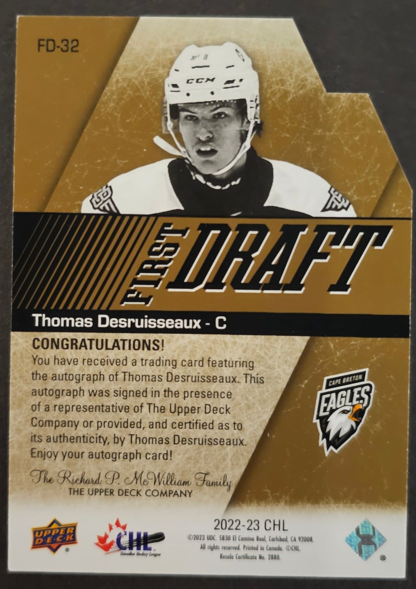 Thomas Desruisseaux First Draft Auto - 2022/23 CHL