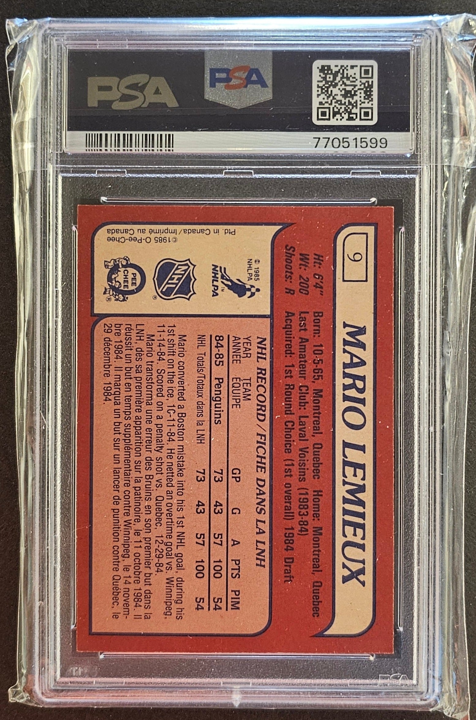 Mario Lemieux Rookie Card #9 Graded PSA 5 - 1985 O-Pee-Chee