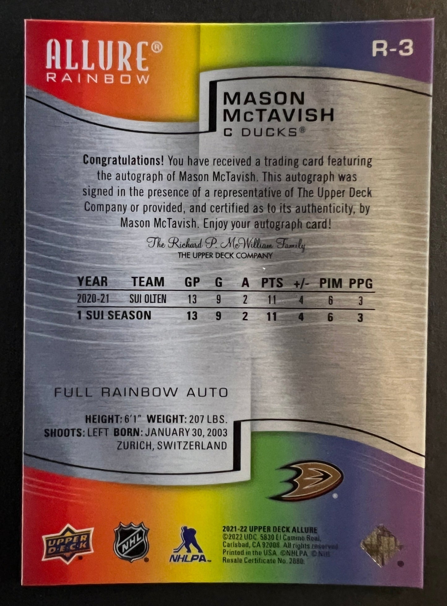 Mason McTavish Full Rainbow Rookie Auto - 2021/22 Allure