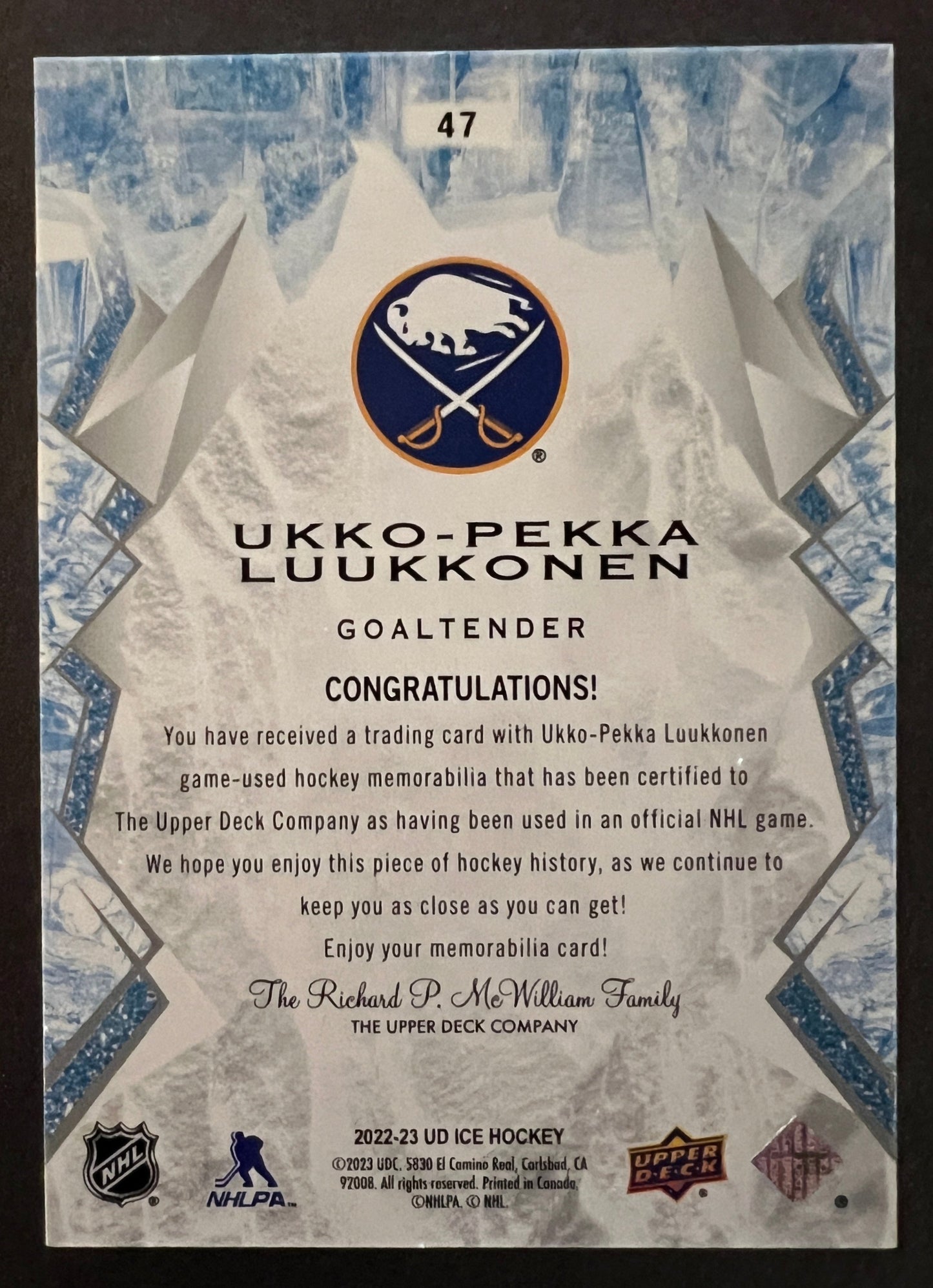 Ukko-Pekka Luukkonen Snowflake Jersey - 2022/23 Ice