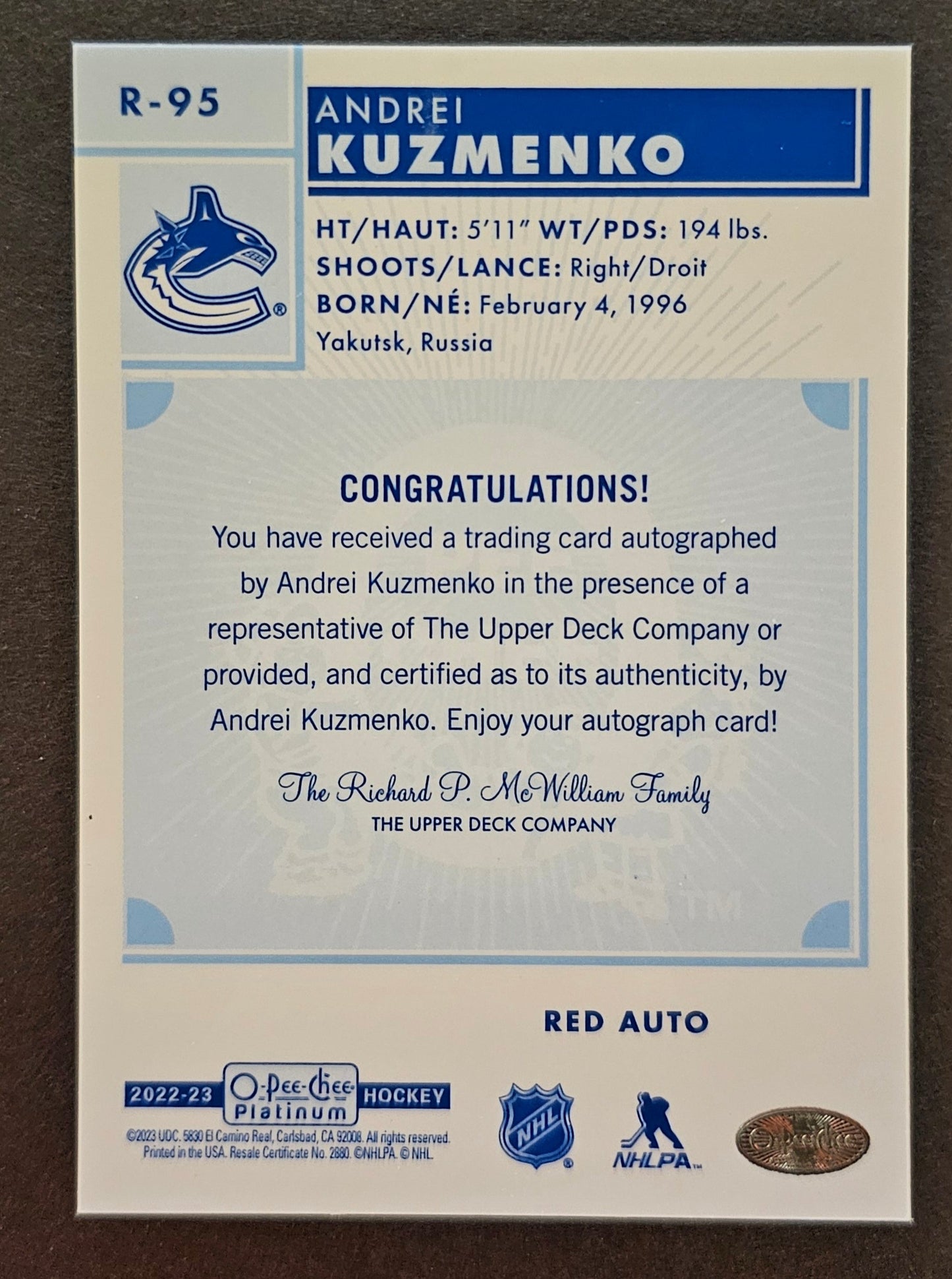 Andrei Kuzmenko Retro Rookie Red Auto - 2022/23 O-Pee-Chee Platinum