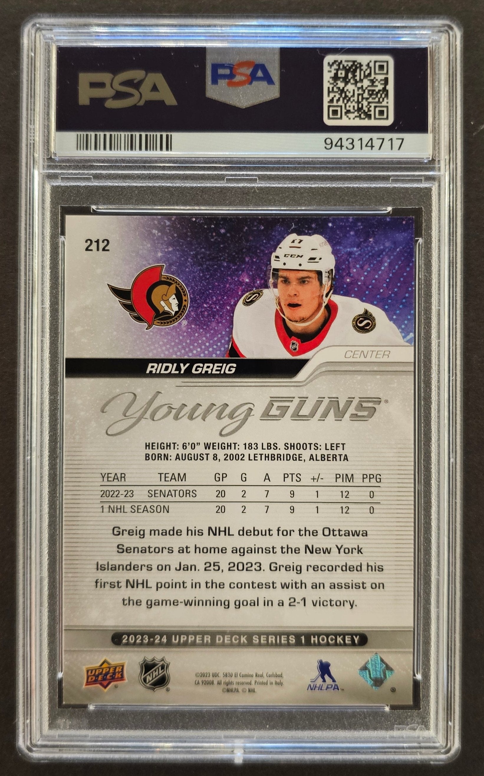 Ridly Greig Young Guns Rookie #212 - PSA 9 - 2023/24 Series 1 