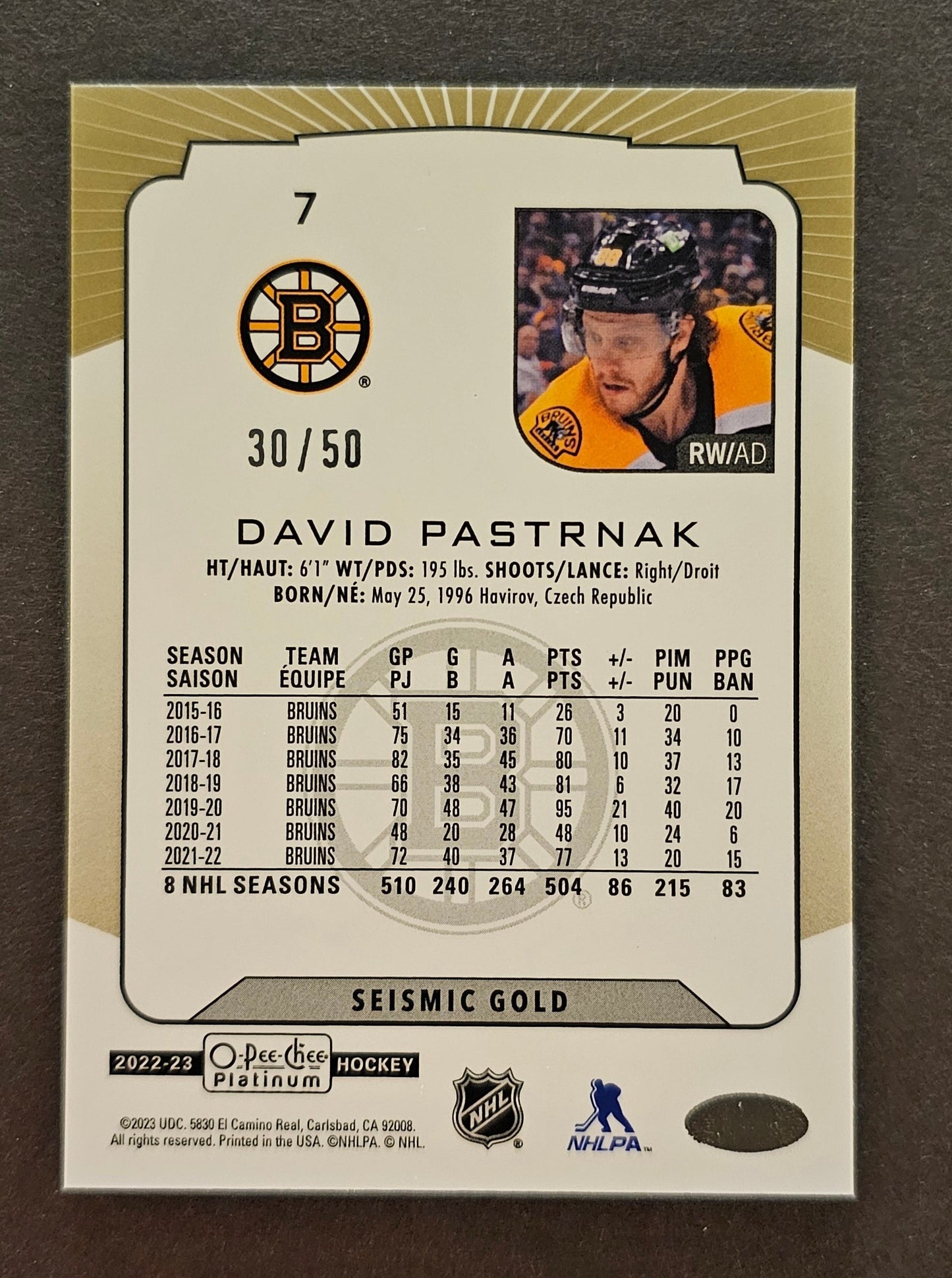 David Pastrnak #7 Seismic Gold /50 - 2022/23 O-Pee-Chee Platinum