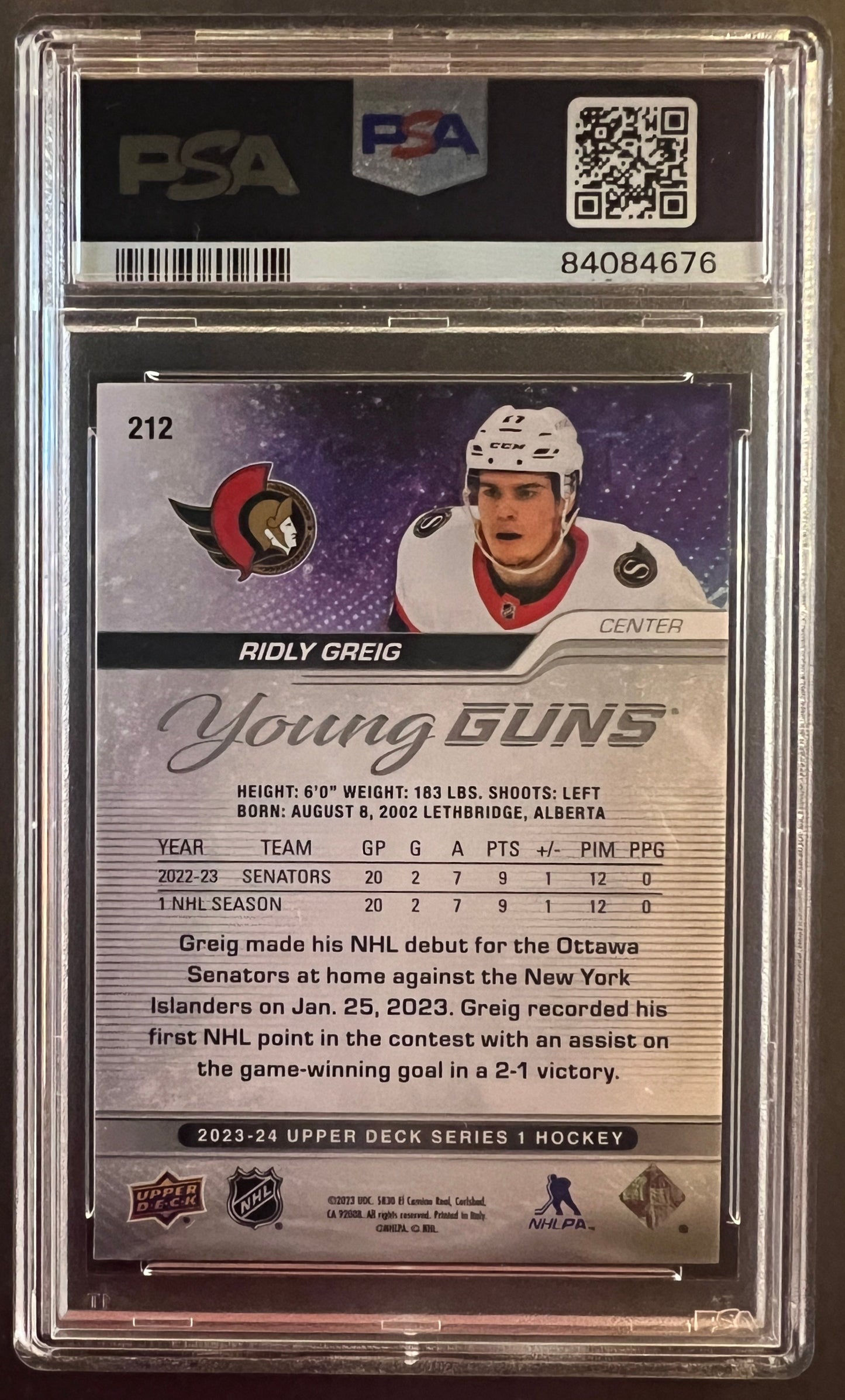 Ridly Greig Young Guns Deluxe #212 /250 - Graded PSA 9  - 2023/24 Series 1