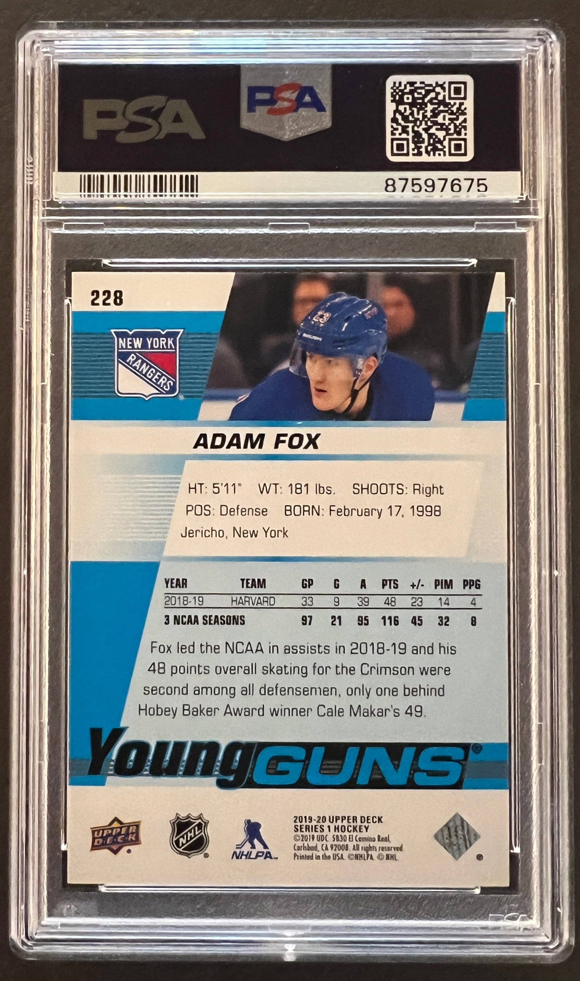 Adam Fox Young Guns Rookie #228 Graded PSA 10 - 2019/20 Series 1