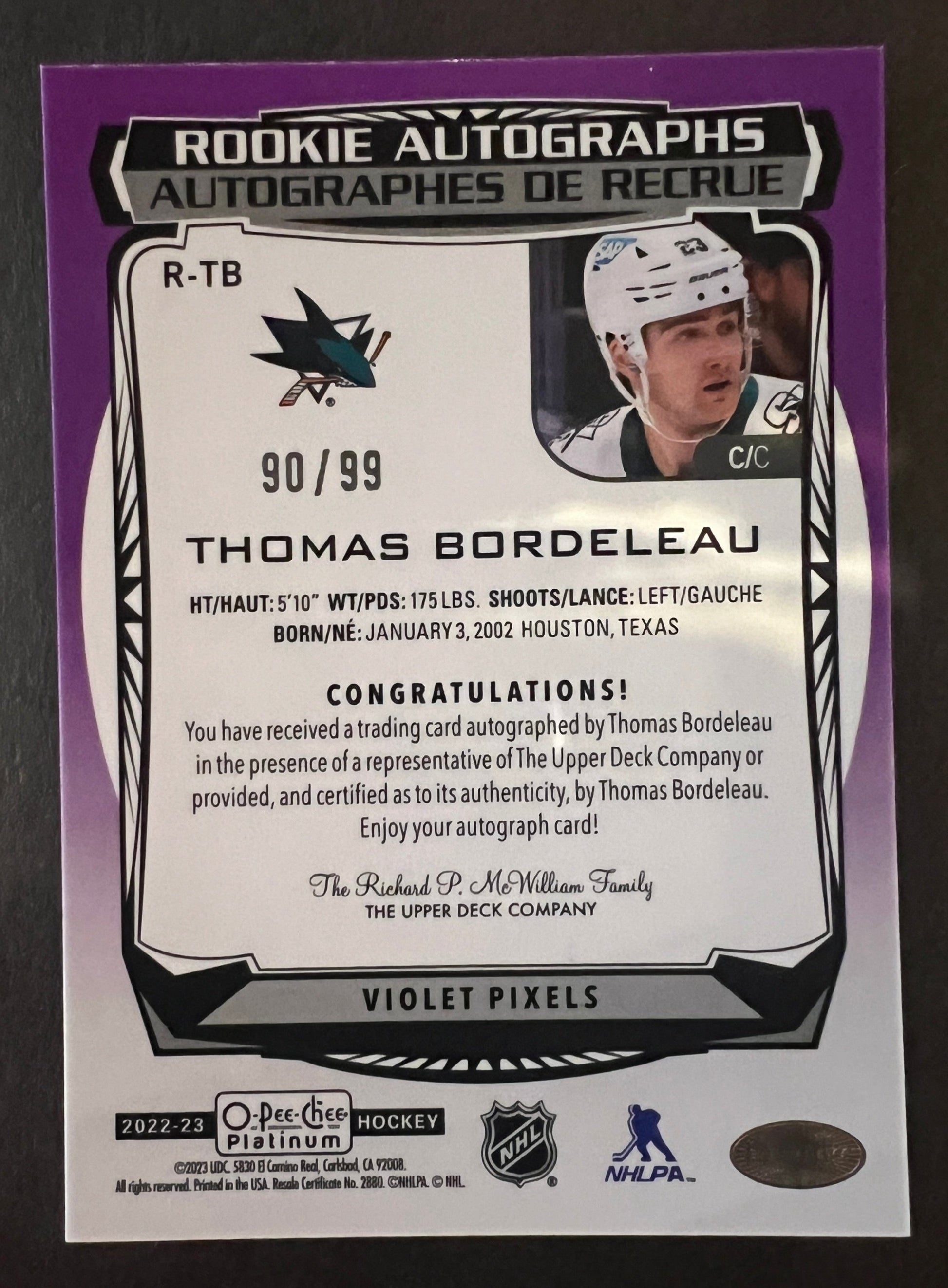 Thomas Bordeleau Rookie Autographs Violet Pixels /99 - 2022/23 O-Pee-Chee Platinum