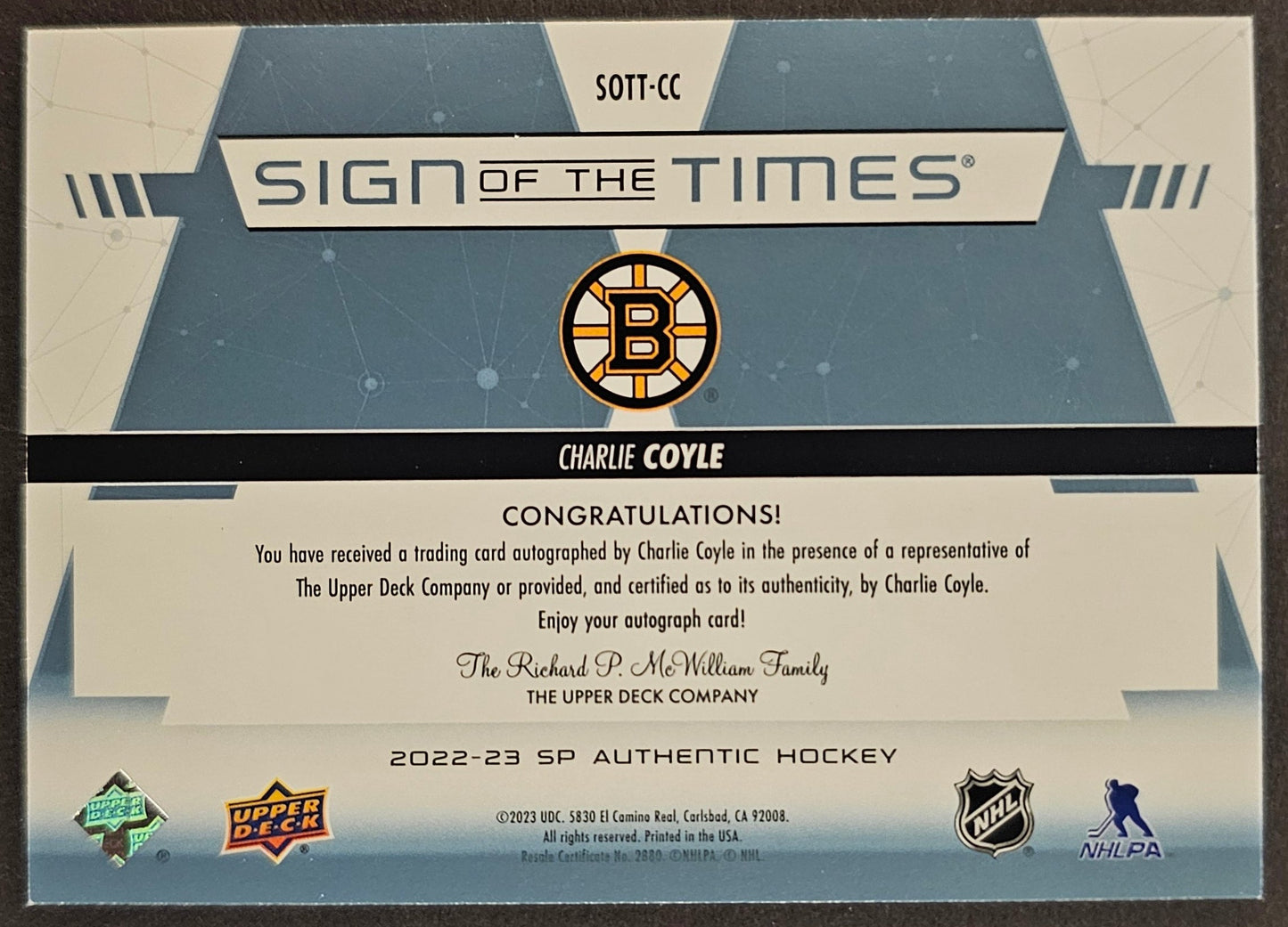 Charlie Coyle Sign Of The Times Auto - 2022/23 SP Authentic