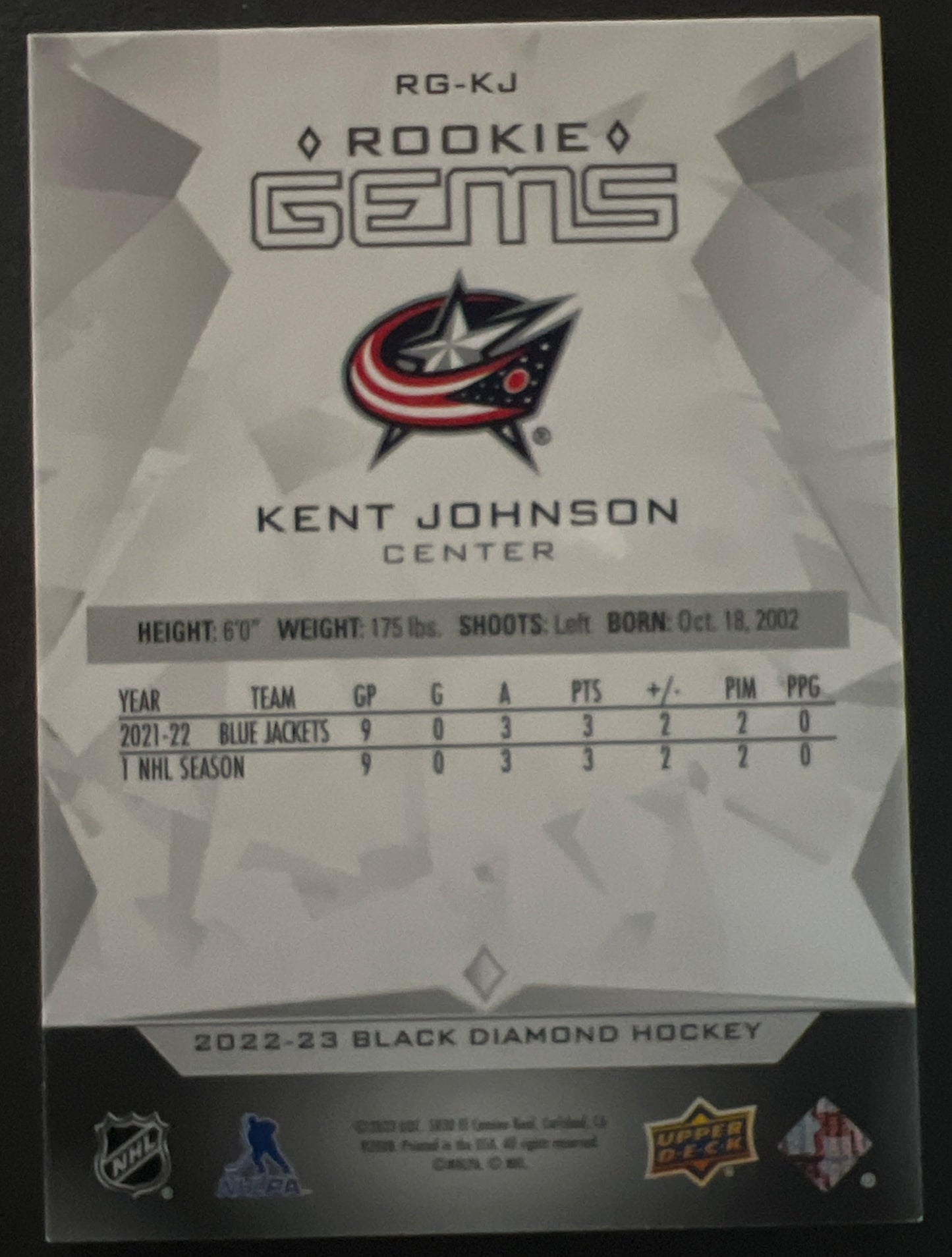 Kent Johnson Rookie Gems /399 - 2022/23 Black Diamond