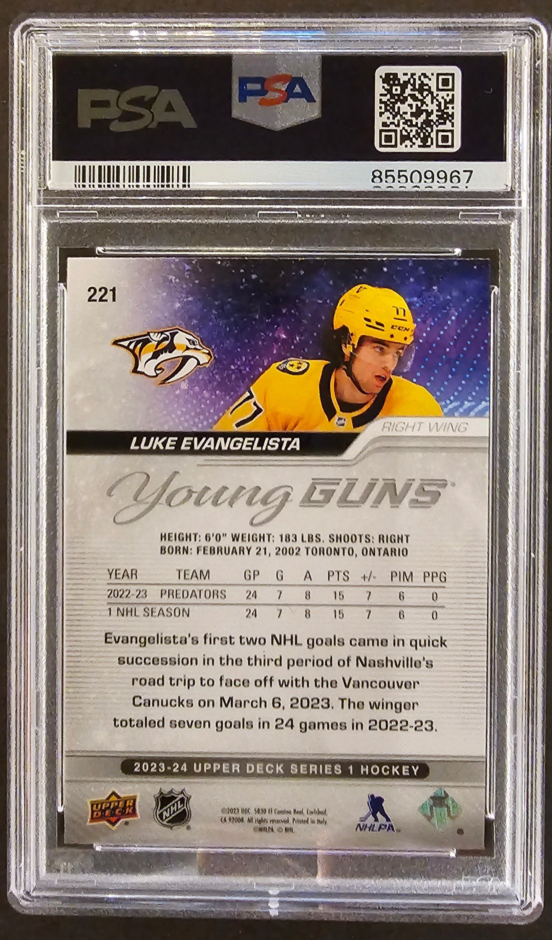 Luke Evangelista Young Guns #221 Graded PSA 10 - 2023/24 Series 1