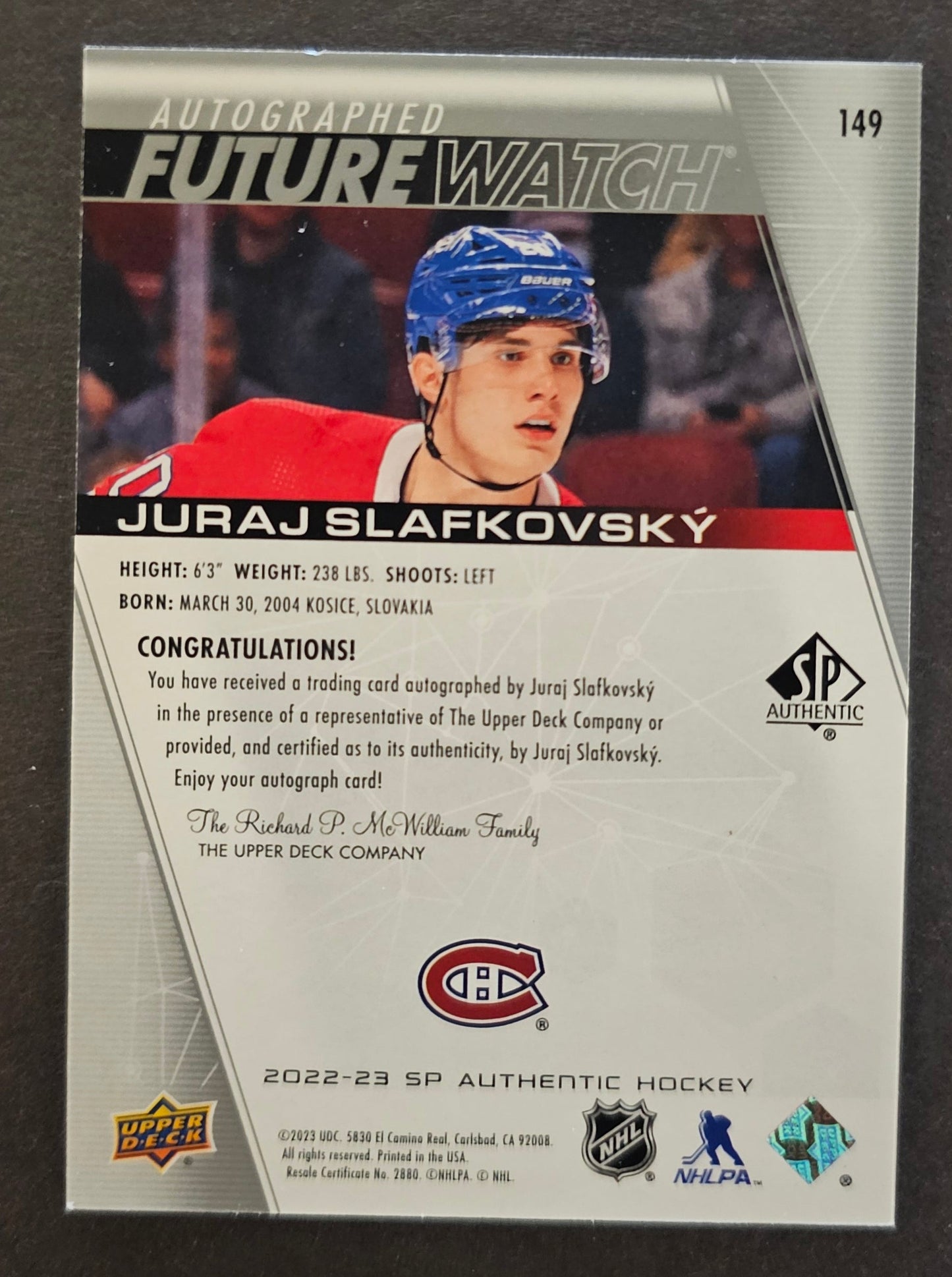 Juraj Slafkovsky Future Watch Auto /999 - 2022/23 SP Authentic