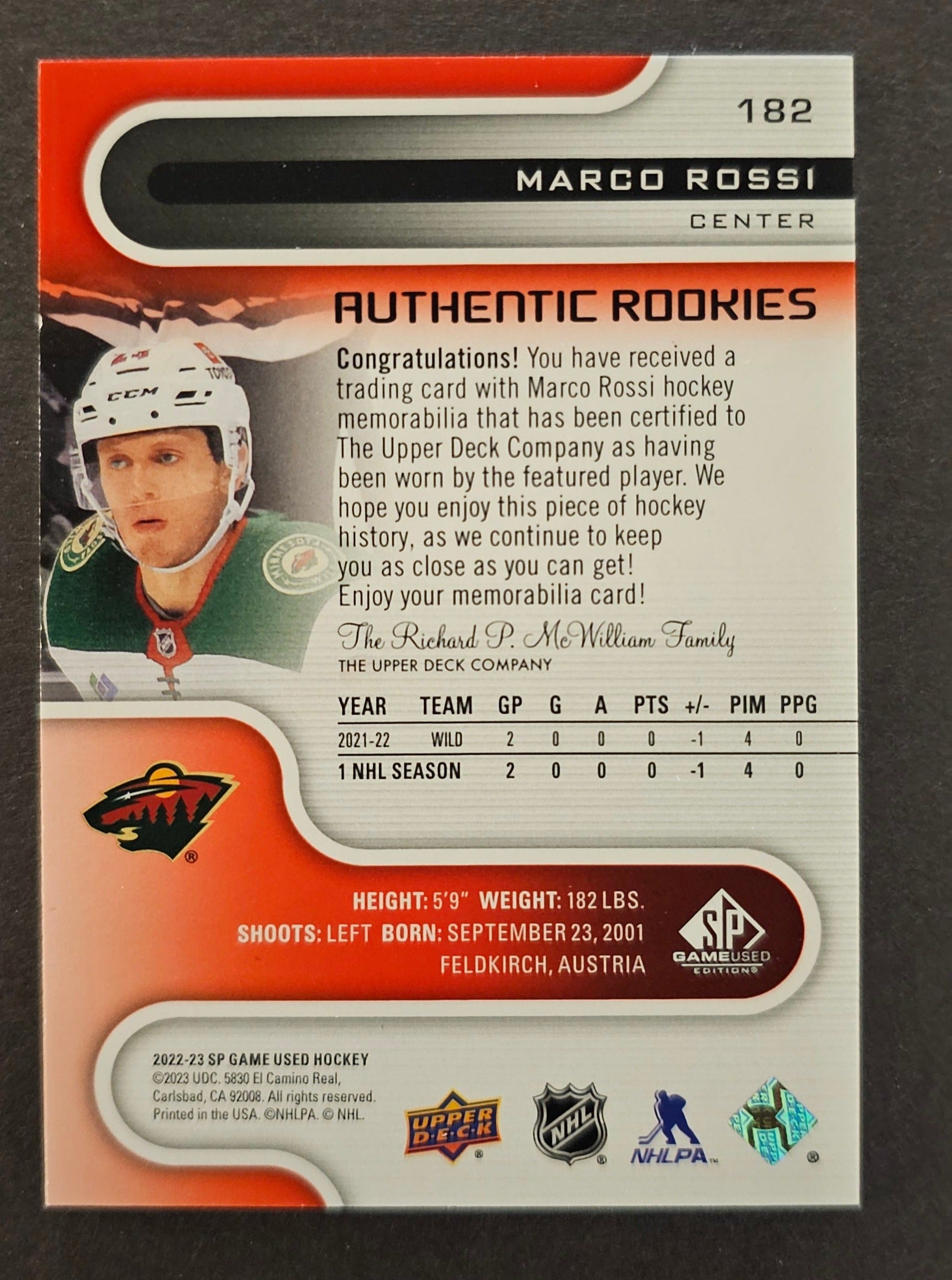 Marco Rossi Authentic Rookies Jersey - 2022/23 SP Game Used