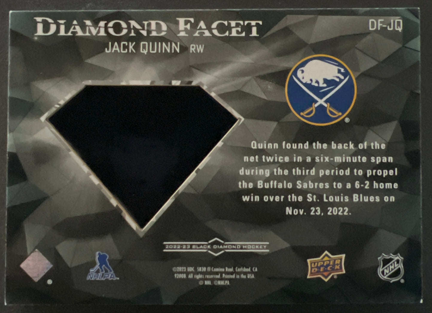 Jack Quinn Rookie Diamond Facet - 2022/23 Black Diamond