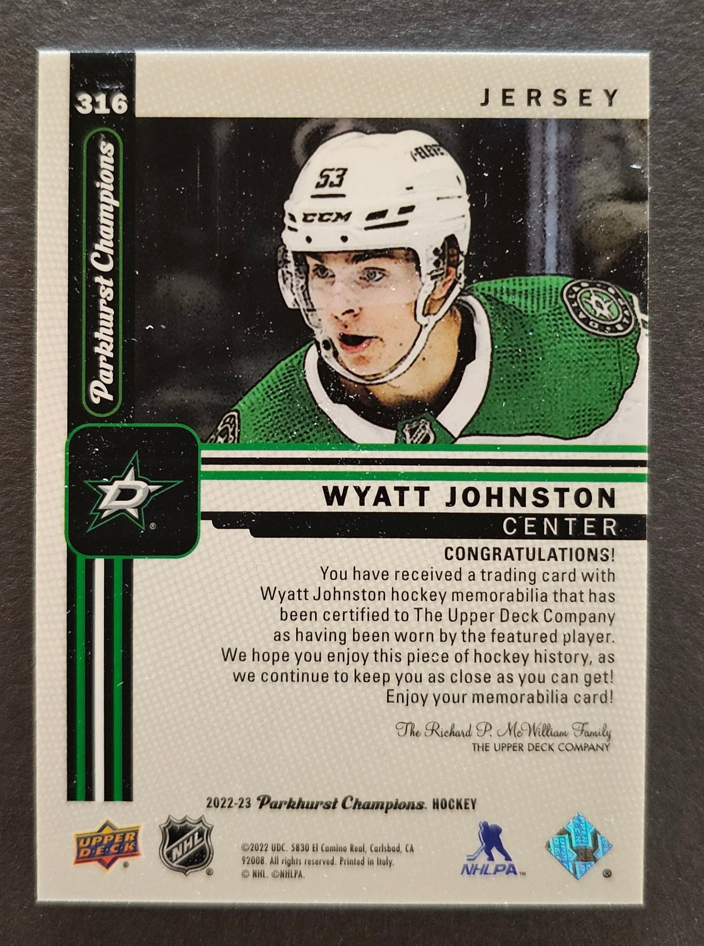 Wyatt Johnston Rookie Jersey - 2022/23 Parkhurst Champions