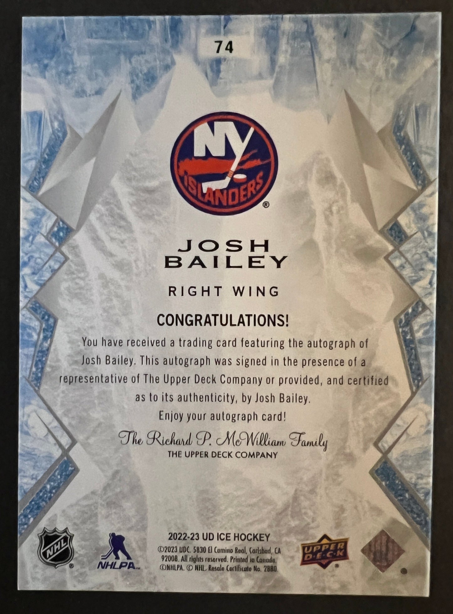 Josh Bailey White Snowflake Auto - 2022/23 Ice