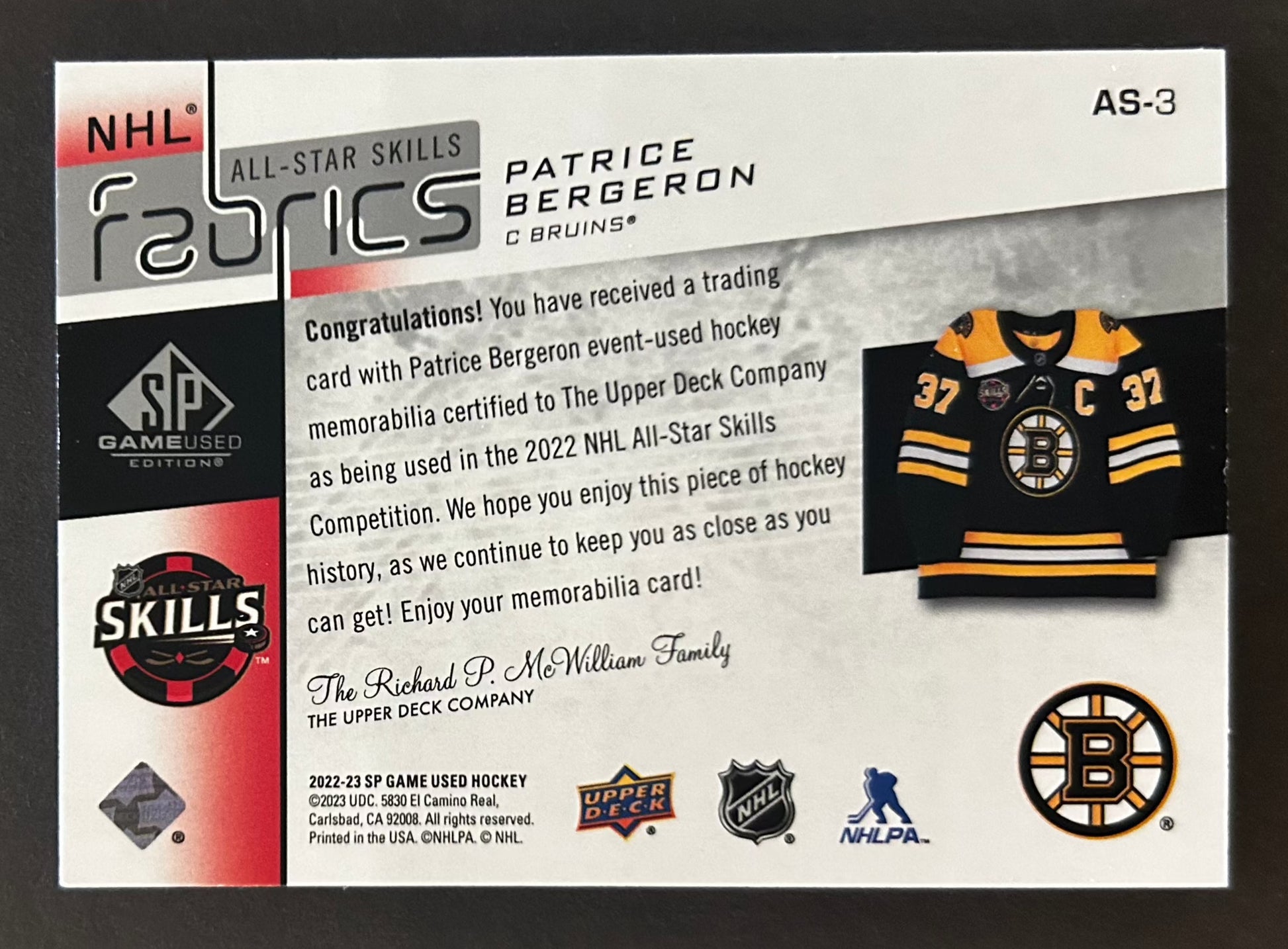 Patrice Bergeron All Star Skills Fabrics Jersey - 2022/23 SP Game Used