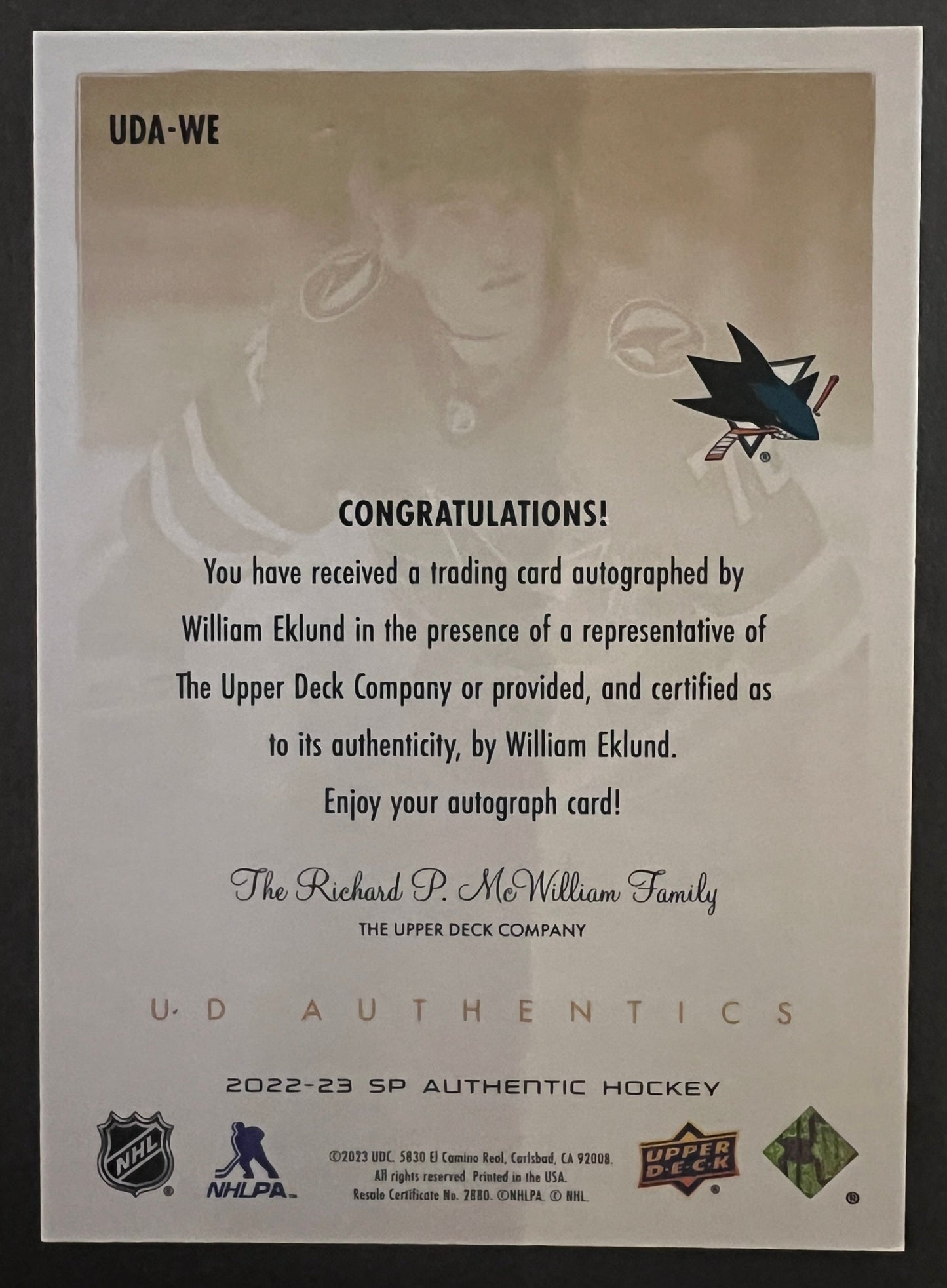 William Eklund UD Authentics Auto - 2022/23 SP Authentic