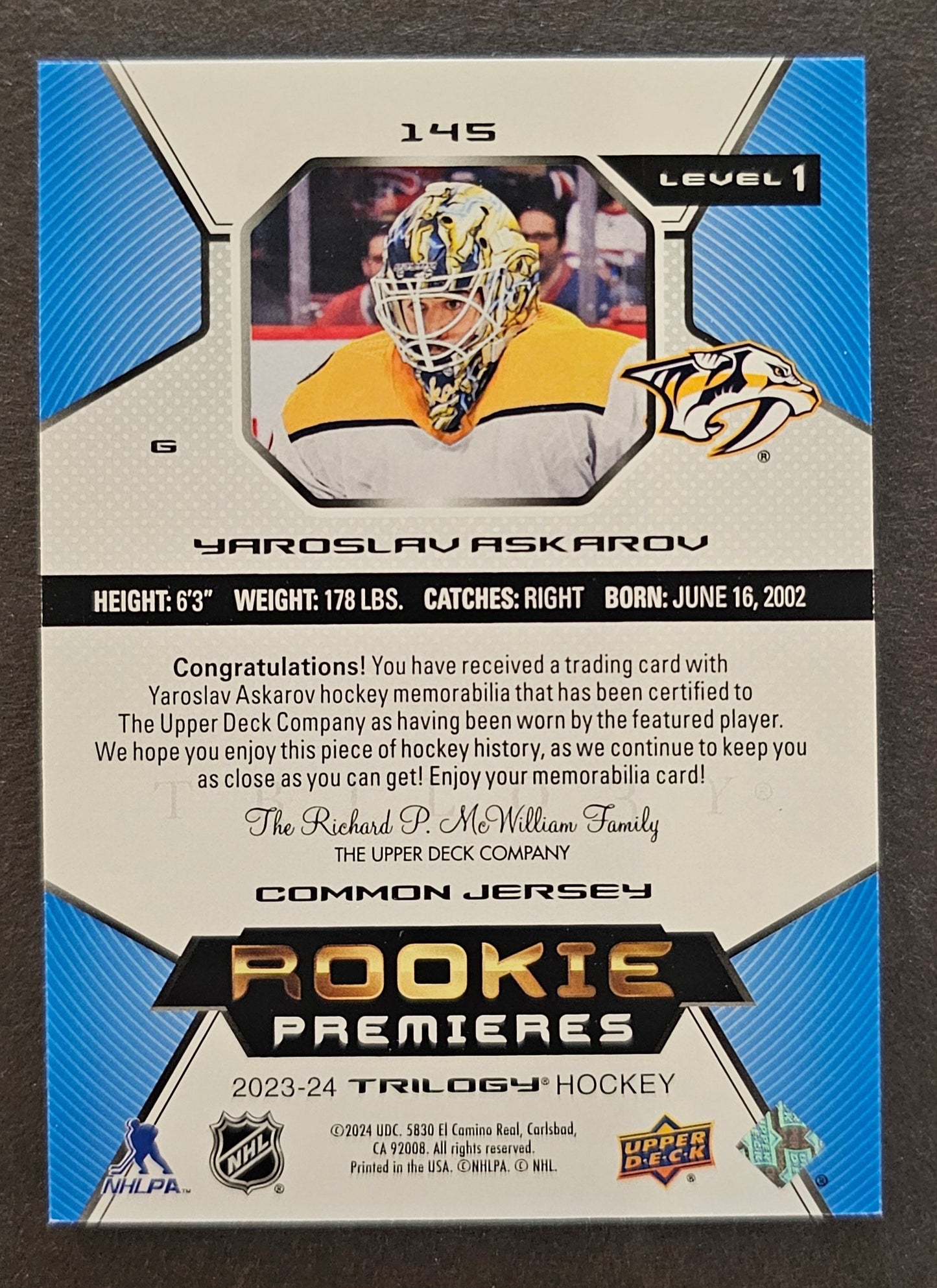 Yaroslav Askarov Rookie Premieres Level 1 Jersey /499 - 2023/24 Trilogy 