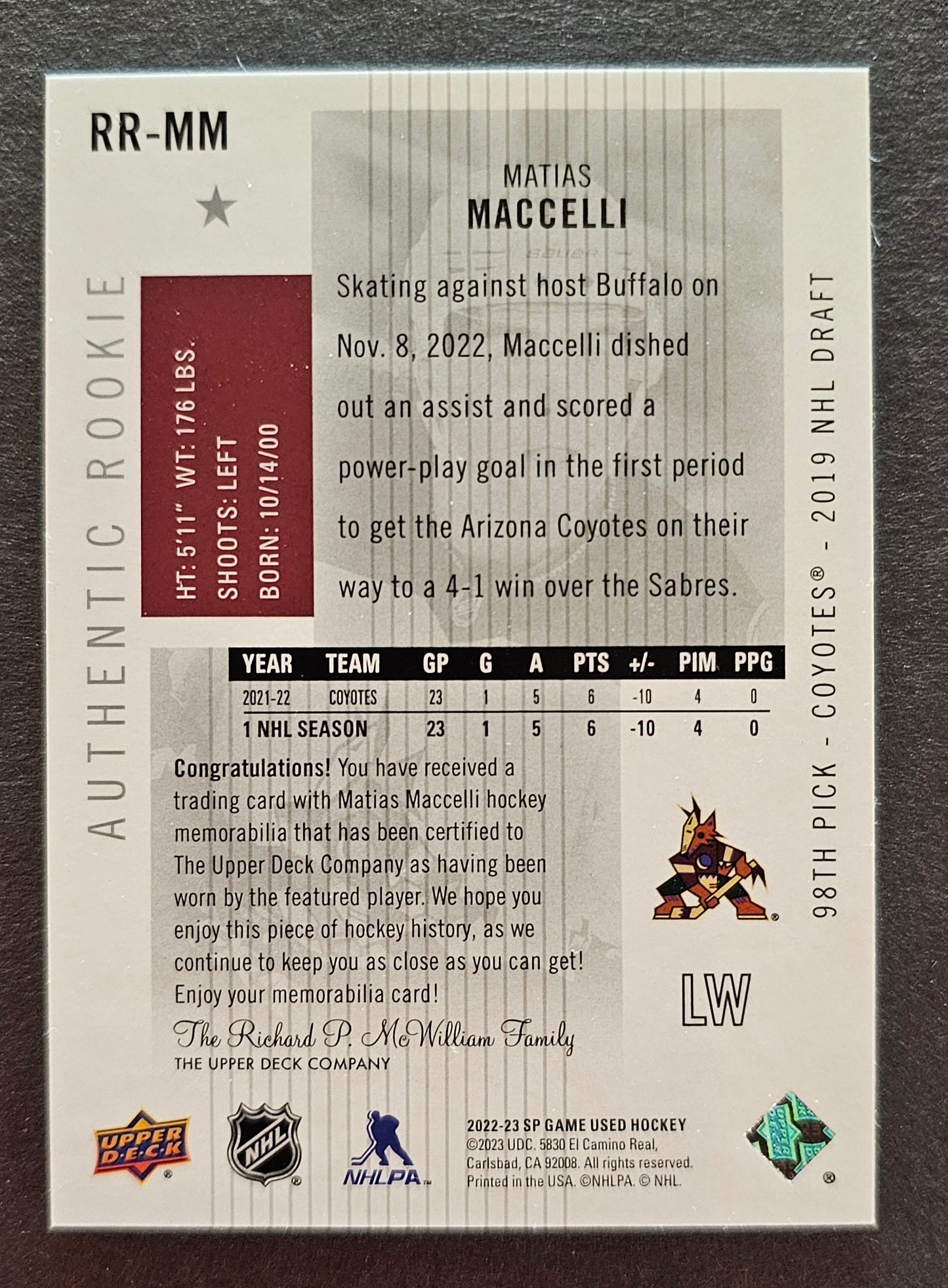 Matias Maccelli Authentic Rookie Jersey - 2022/23 SP Game Used 