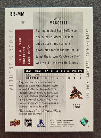 Matias Maccelli Authentic Rookie Jersey - 2022/23 SP Game Used 