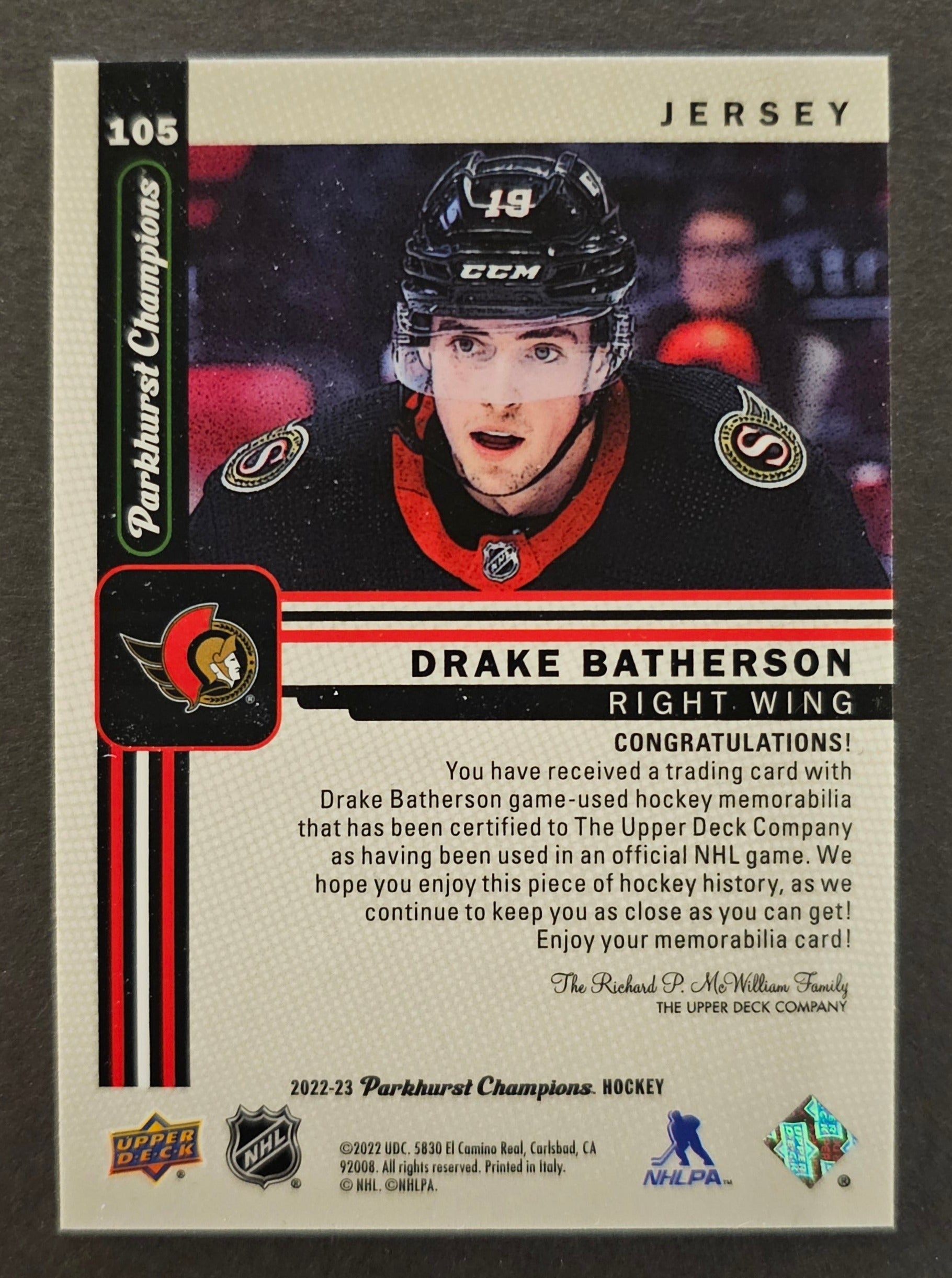 Drake Batherson Veteran Jersey - 2022/23 Parkhurst