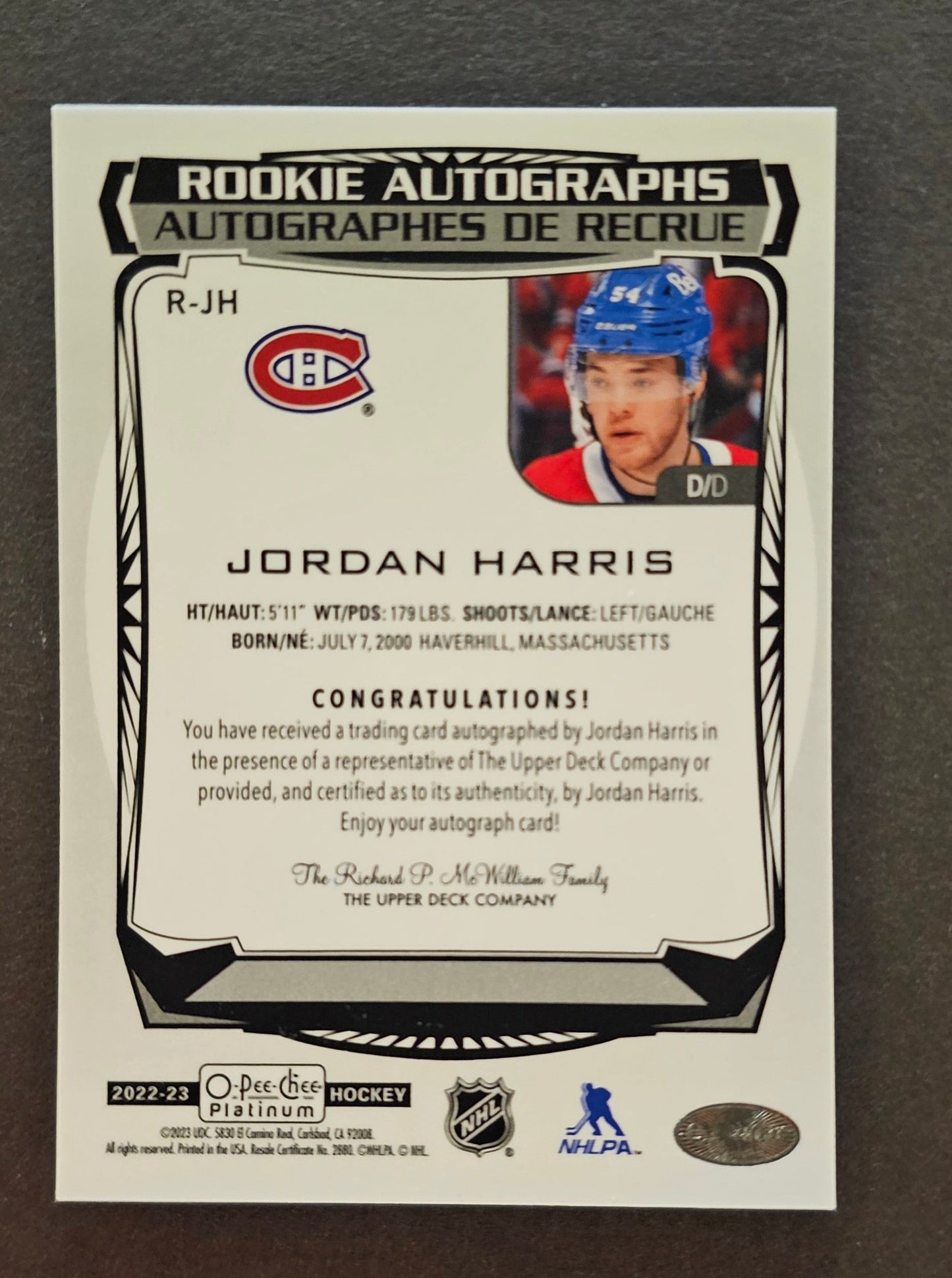 Jordan Harris Rookie Autographs - 2022/23 O-Pee-Chee Platinum