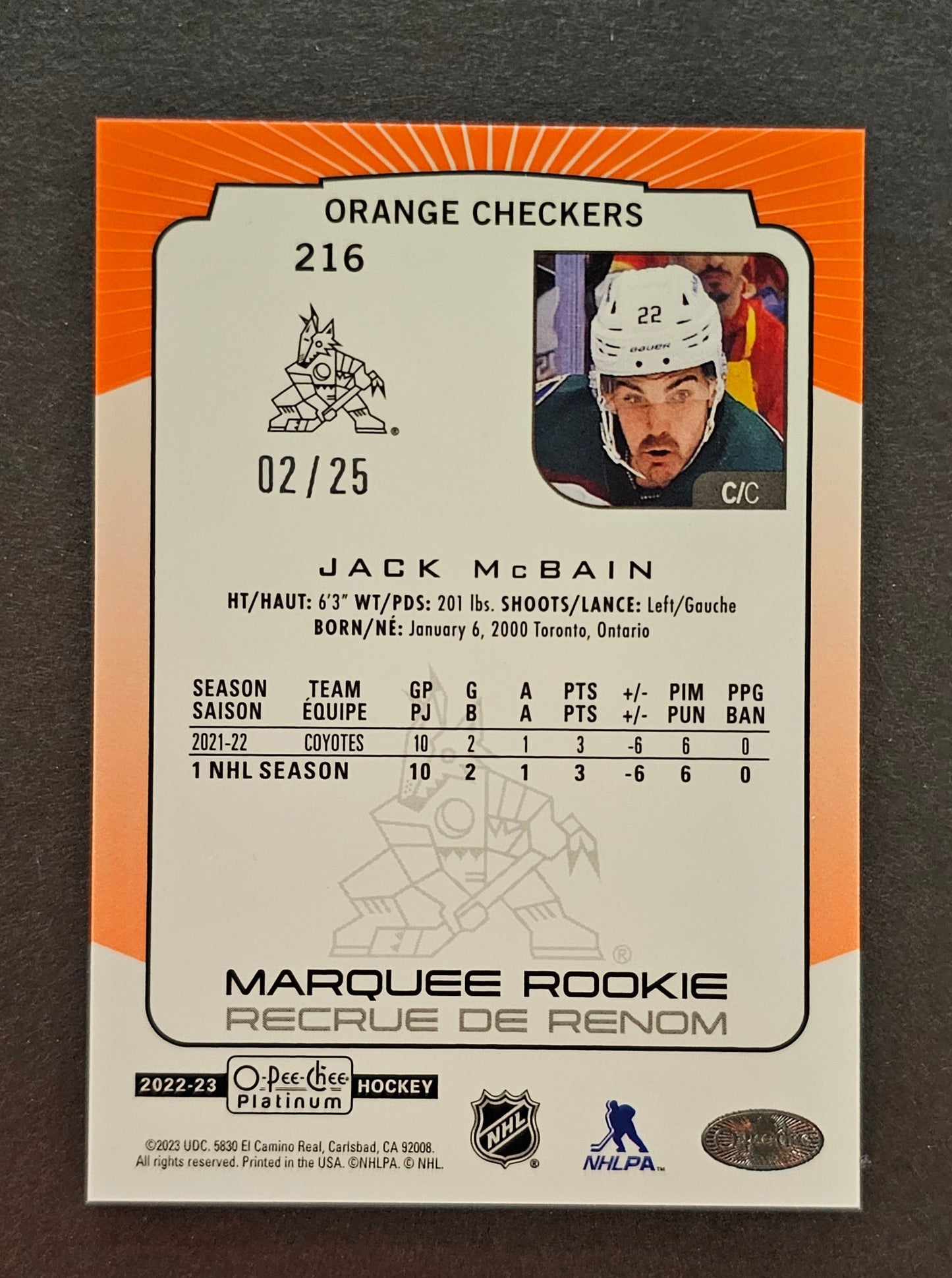 Jack McBain Marquee Rookie Orange Checkers /25 - 2022/23 O-Pee-Chee Platinum