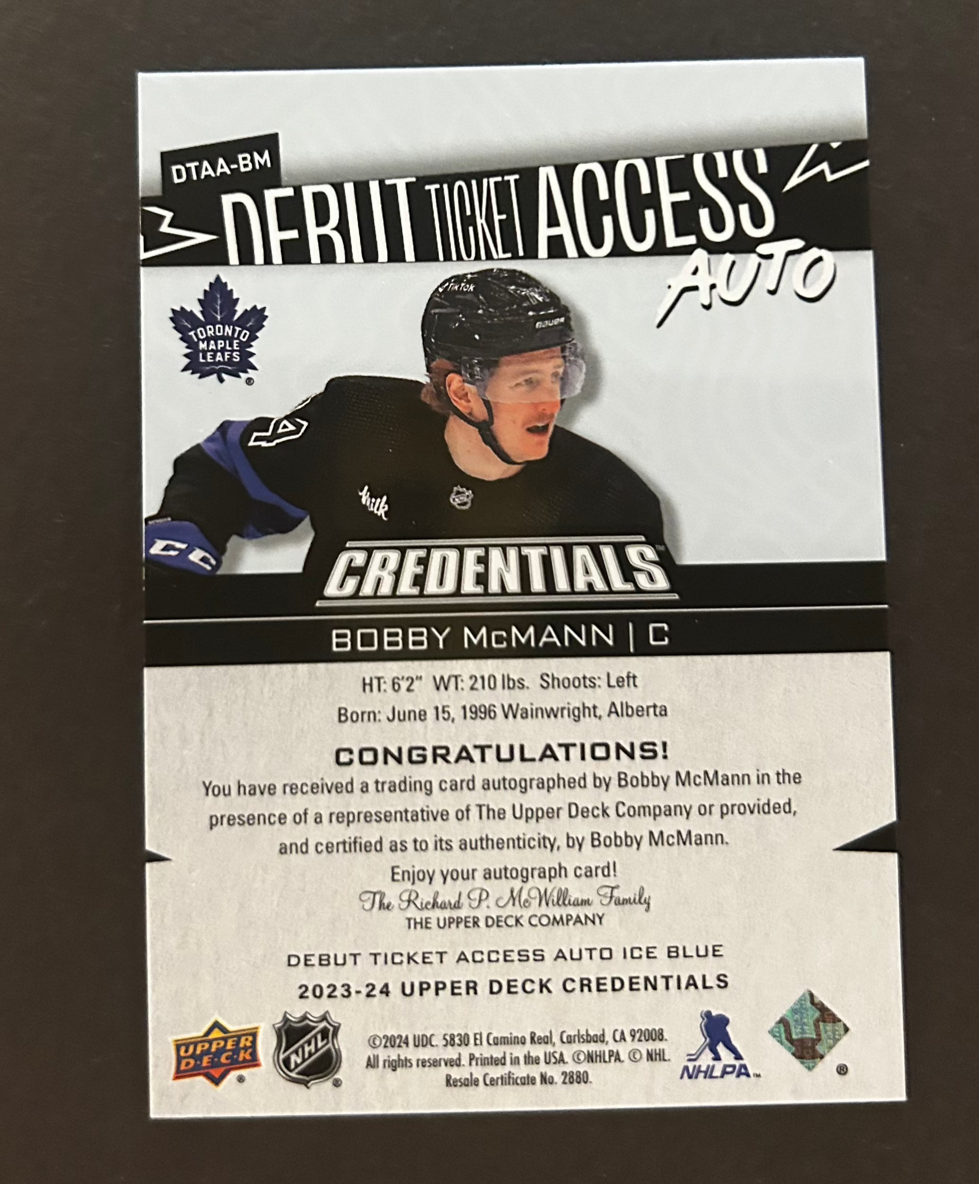 Bobby McMann Debut Ticket Access Auto /299 - 2023/24 Credentials