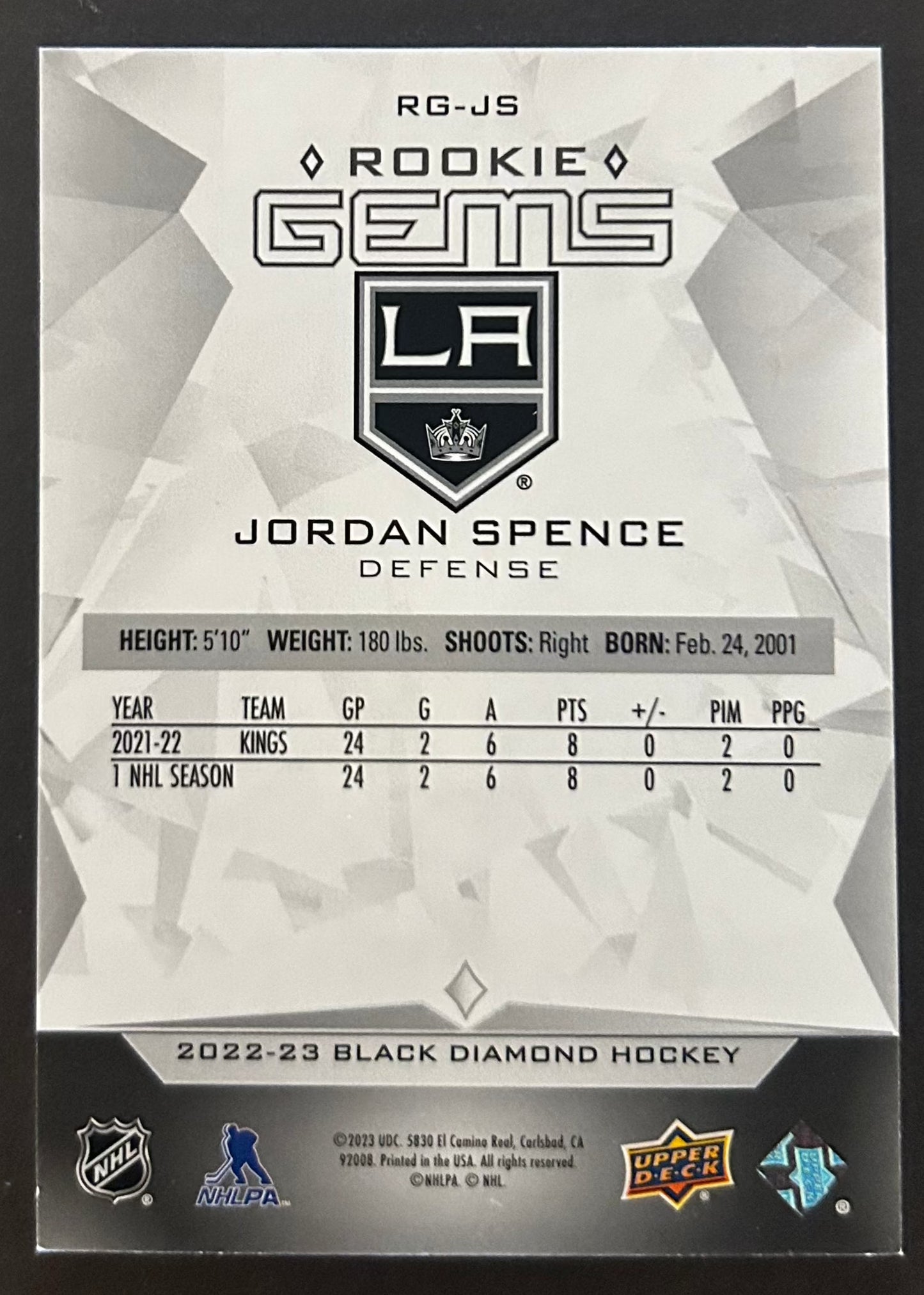 Jordan Spence Rookie Gems /399 - 2023/23 Black Diamond