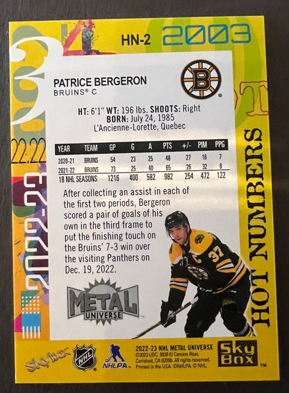 Patrice Bergeron Hot Numbers Holo SSP - 2022/23 Metal Universe