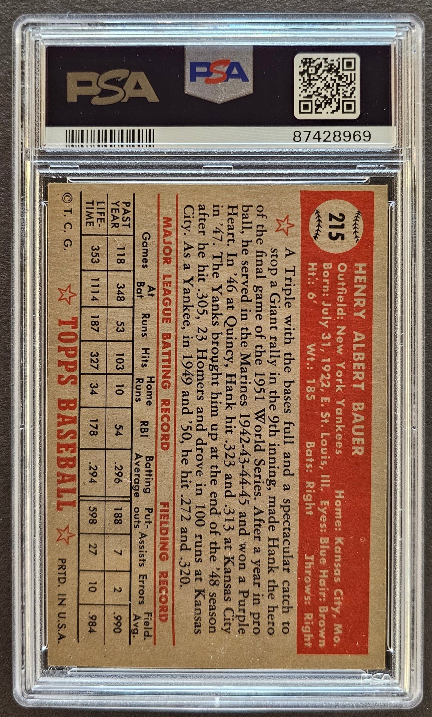 Hank Bauer #215 Graded PSA 6 - 1952 Topps