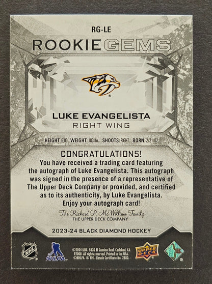 Luke Evangelista Rookie Gems Auto /99 - 2023/24 Black Diamond