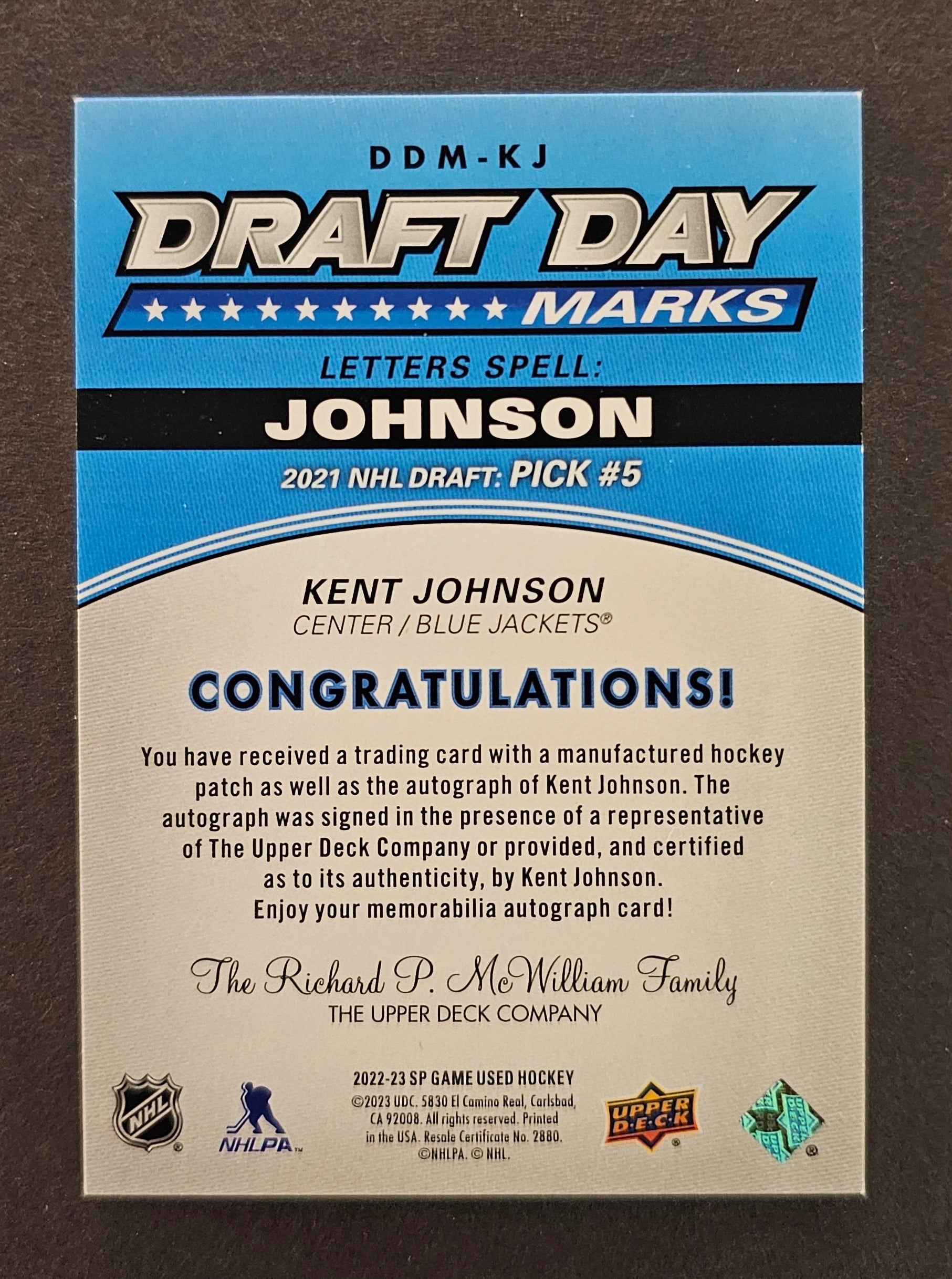 Kent Johnson Draft Day Marks "Letter O" Auto /35 - 2022/23 SP Game Used