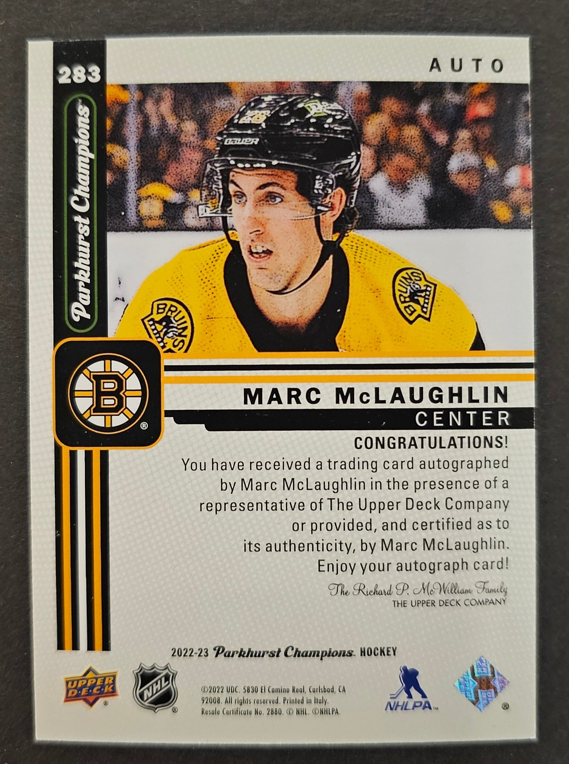 Marc McLaughlin Rookie Auto - 2022/23 Parkhurst