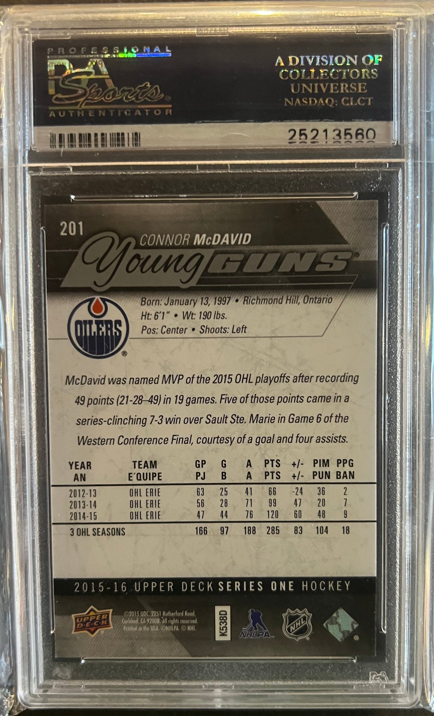 Connor McDavid Young Guns Rookie #201 - PSA 10 - 2015/16 Series 1