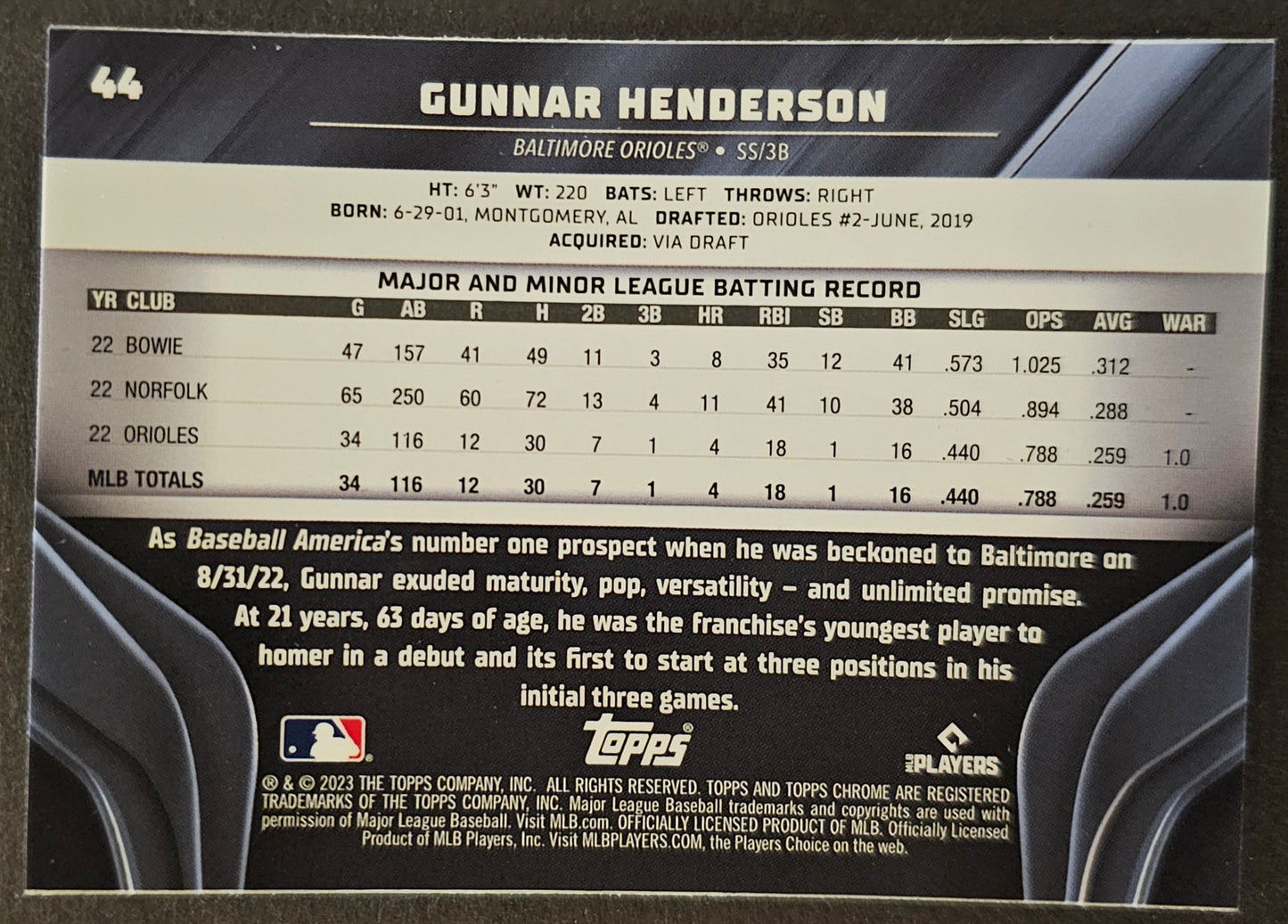 Gunnar Henderson Rookie - 2023 Topps Chrome Black