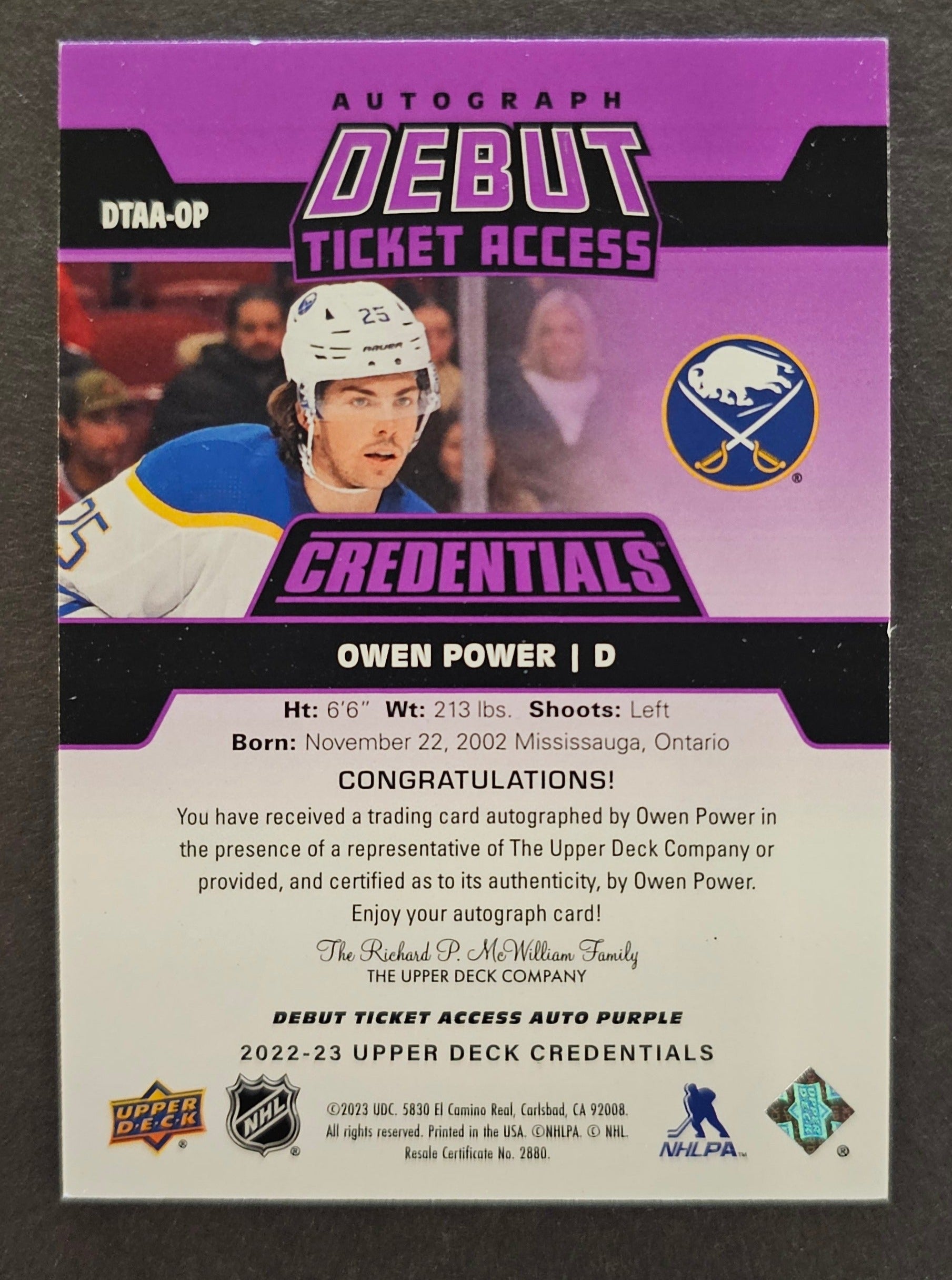 Owen Power Debut Ticket Access Auto Purple /10 - 2022/23 Credentials